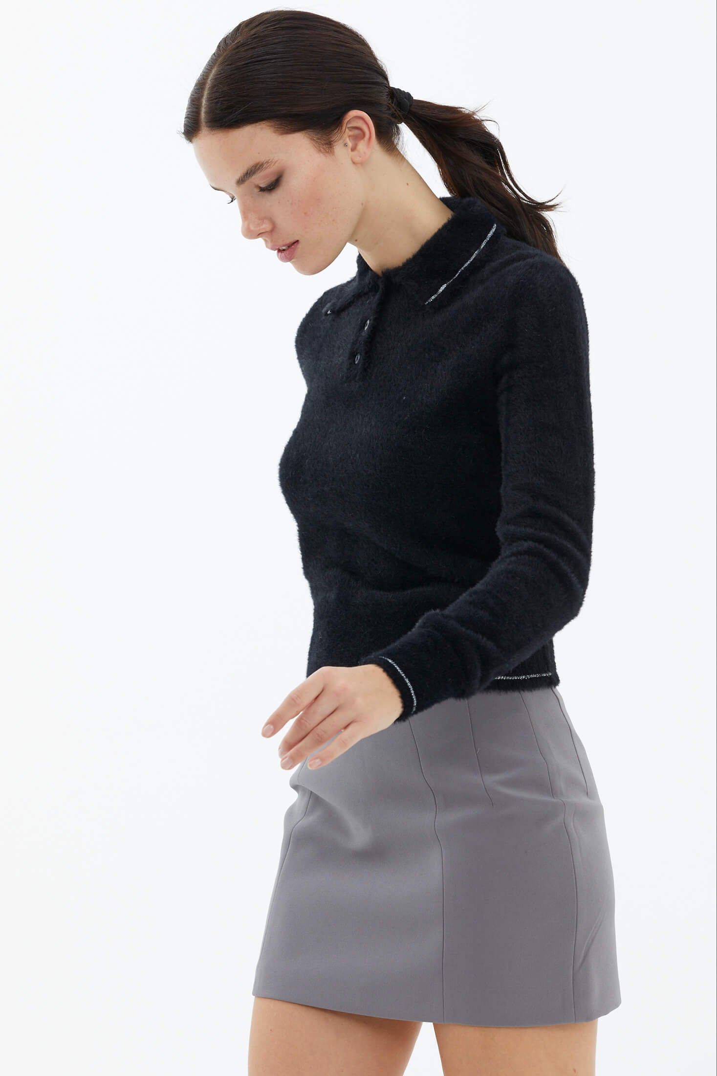 Polo Yaka Patlı Düğmeli Triko Kazak - Siyah (3) Sementa