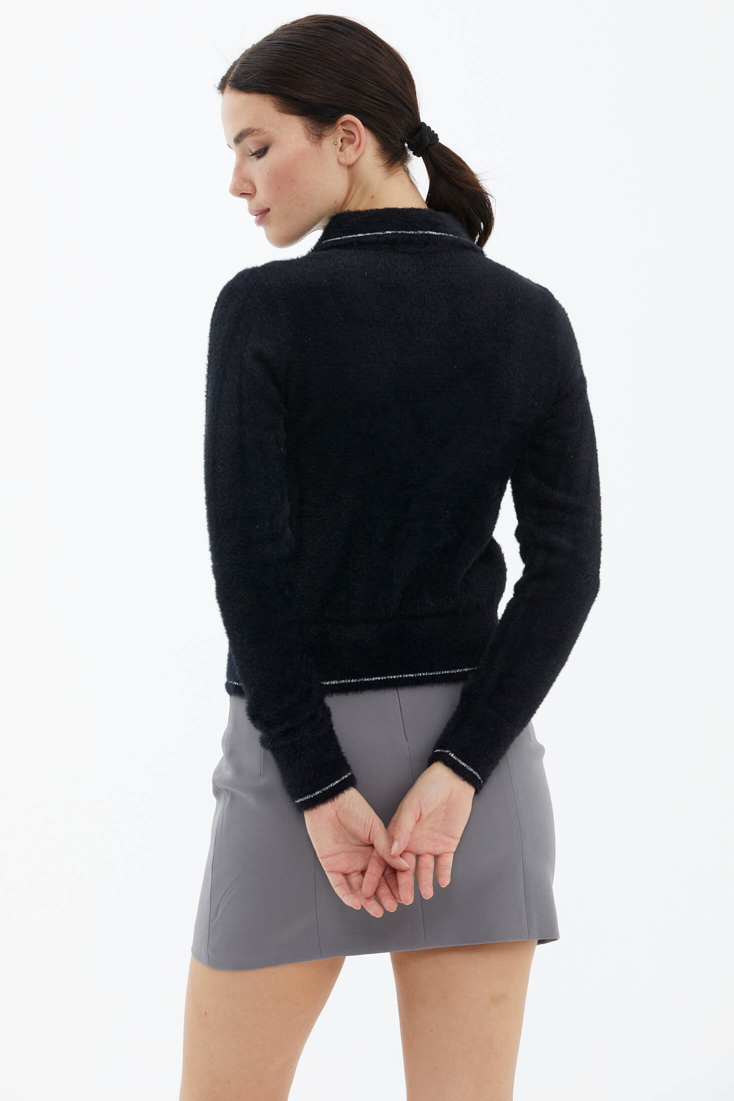 Polo Yaka Patlı Düğmeli Triko Kazak - Siyah (4) Sementa