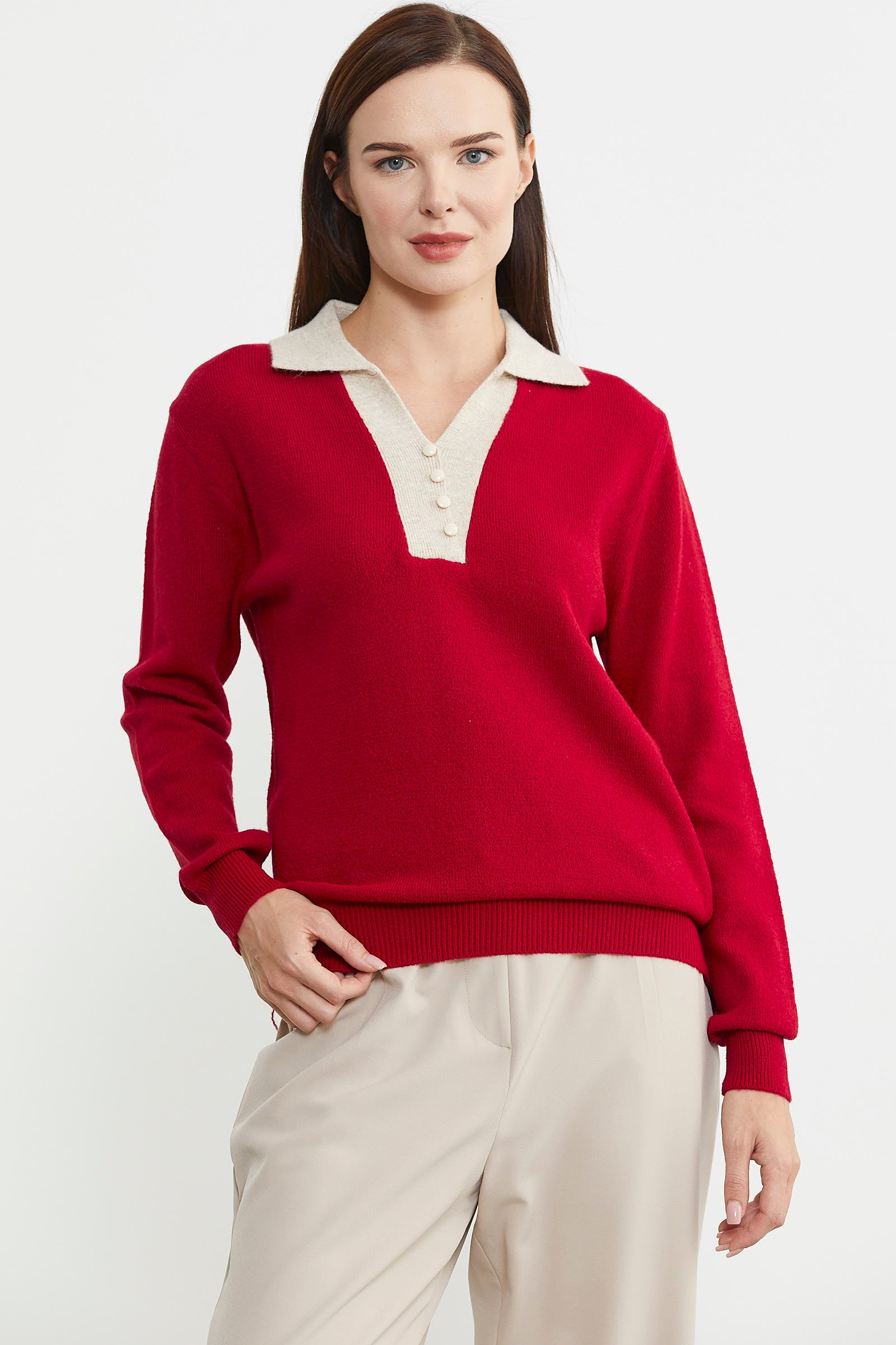 Polo Yaka Renk Kombinli Triko Kazak - Kırmızı - Sementa