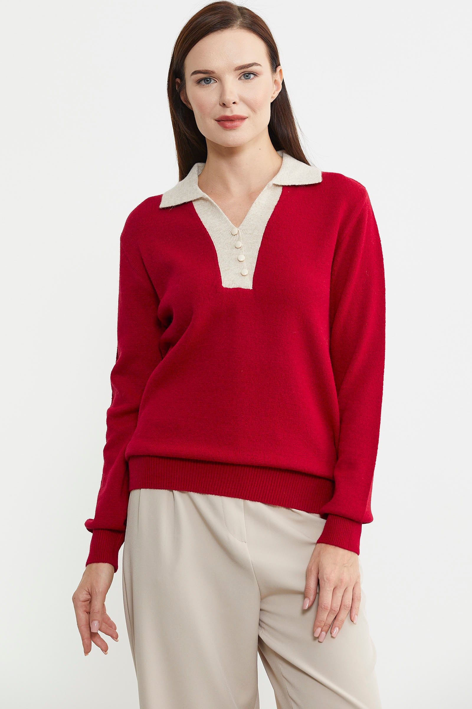 Polo Yaka Renk Kombinli Triko Kazak - Kırmızı - Sementa