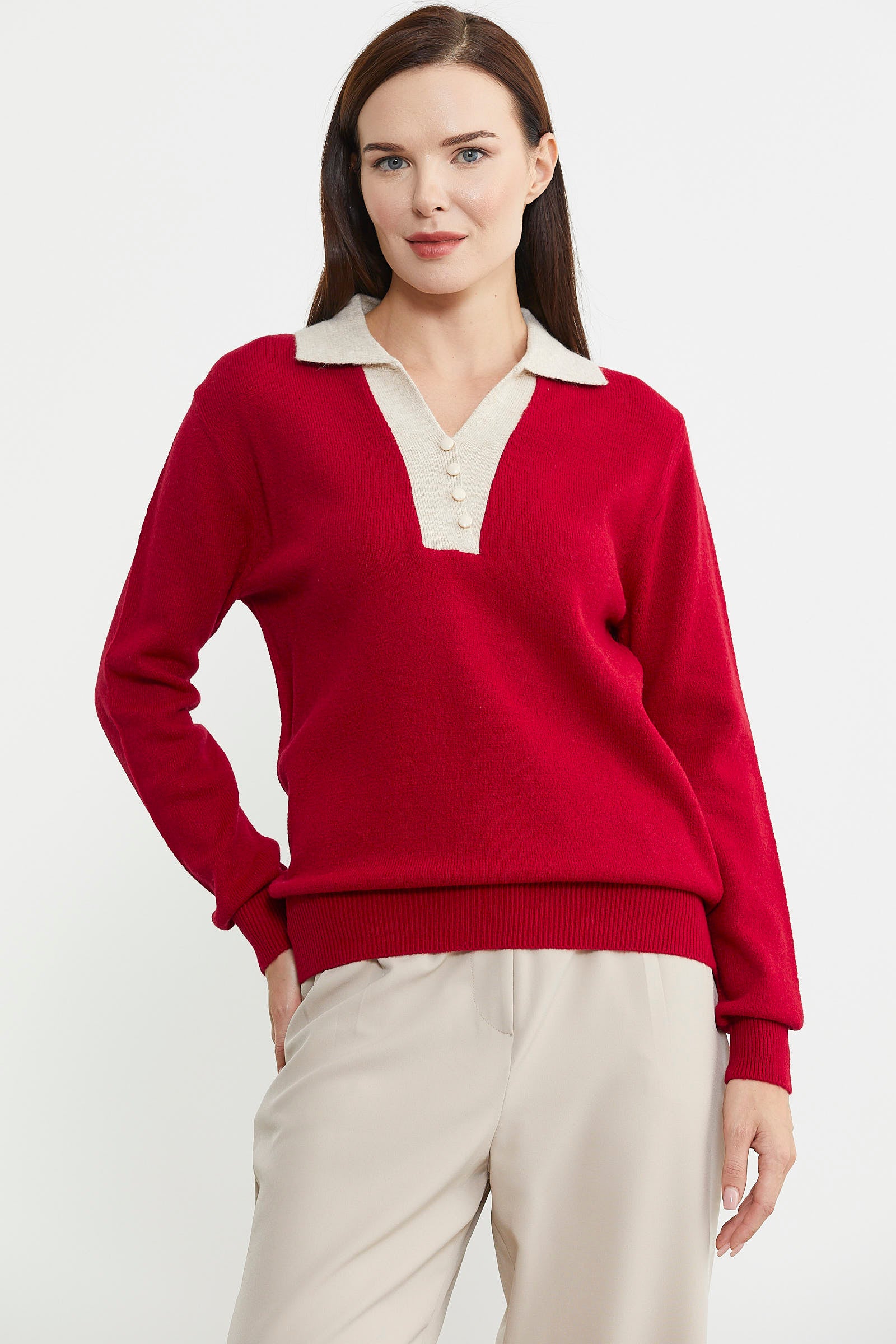 Polo Yaka Renk Kombinli Triko Kazak - Kırmızı - Sementa