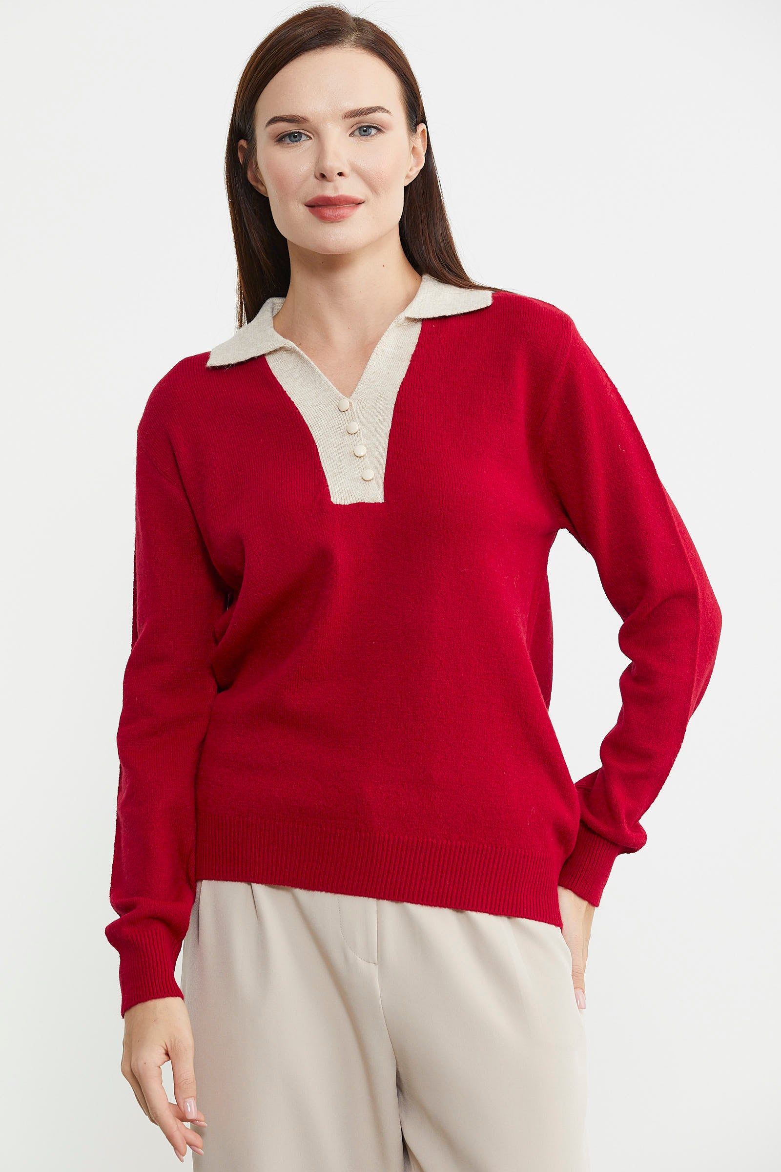 Polo Yaka Renk Kombinli Triko Kazak - Kırmızı - Sementa