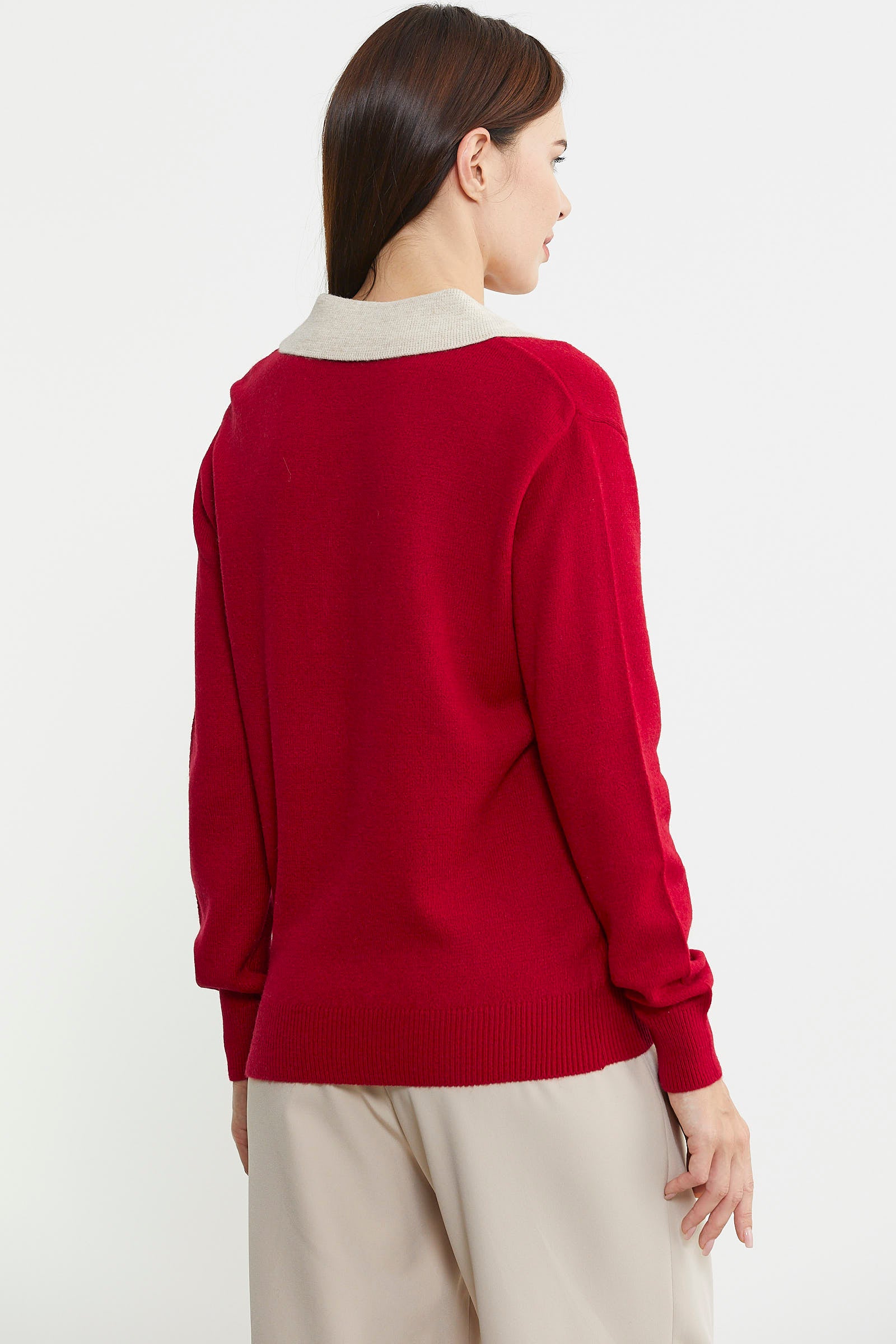 Polo Yaka Renk Kombinli Triko Kazak - Kırmızı - Sementa