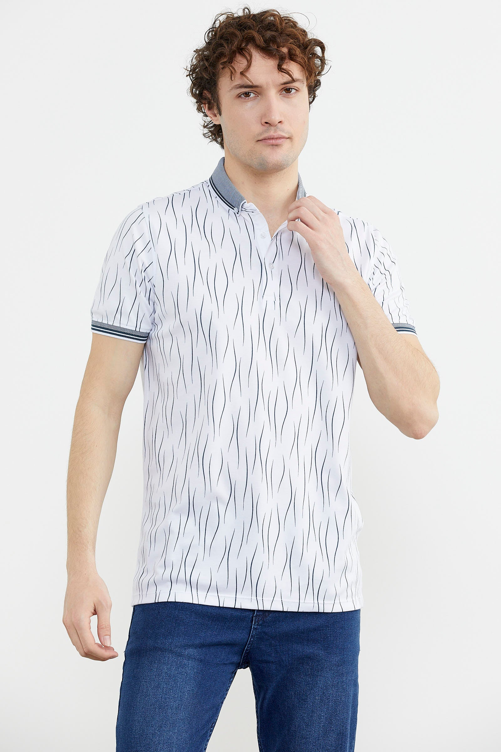 Polo Yaka Slim Fit Desenli Tişört - Beyaz (2) Sementa