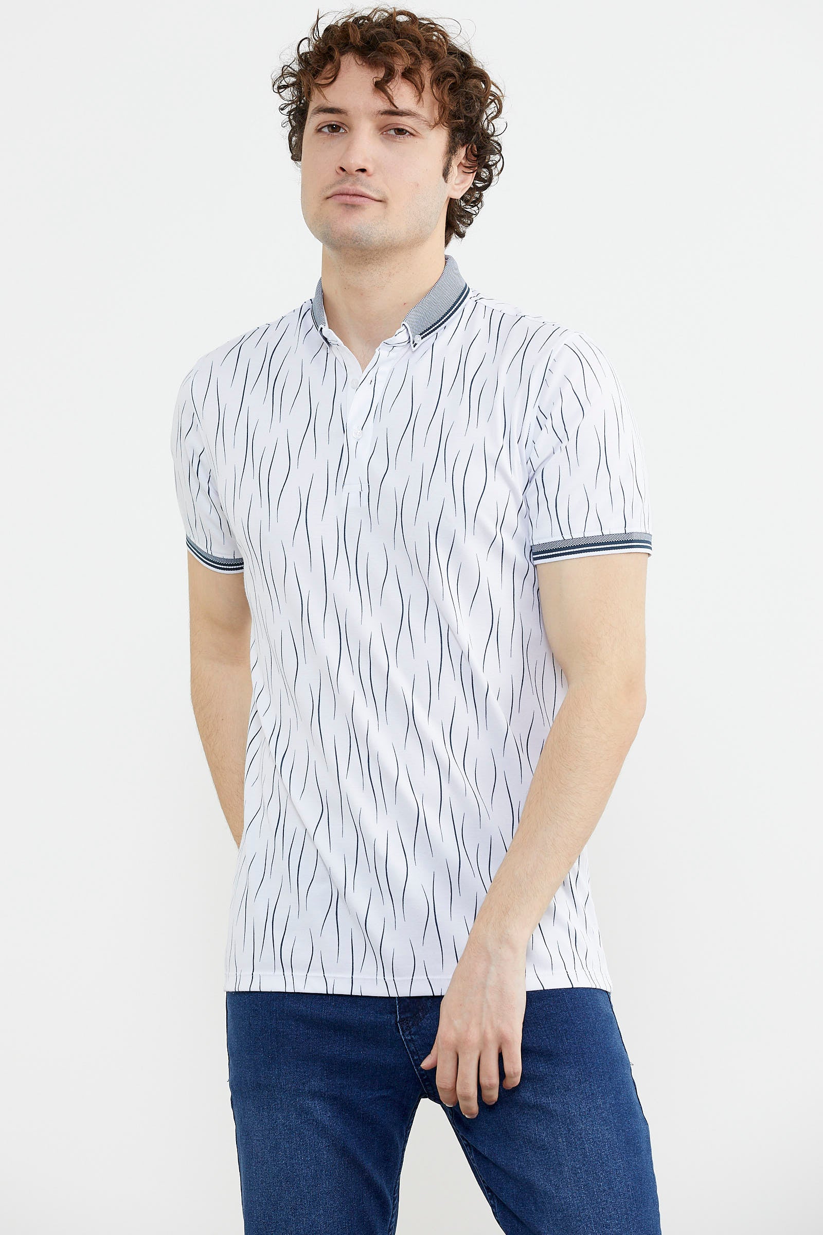 Polo Yaka Slim Fit Desenli Tişört - Beyaz (3) Sementa