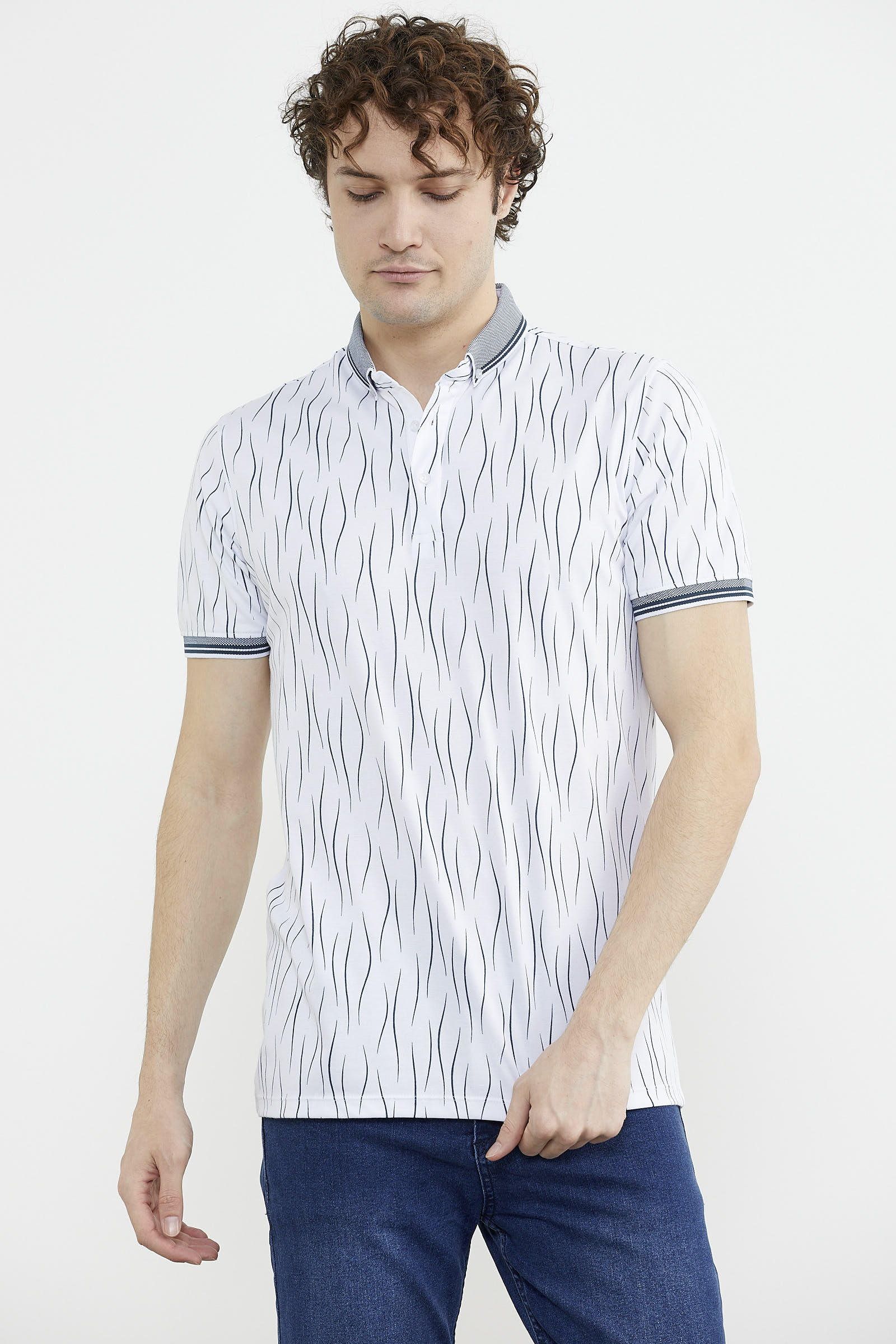 Polo Yaka Slim Fit Desenli Tişört - Beyaz (4) Sementa