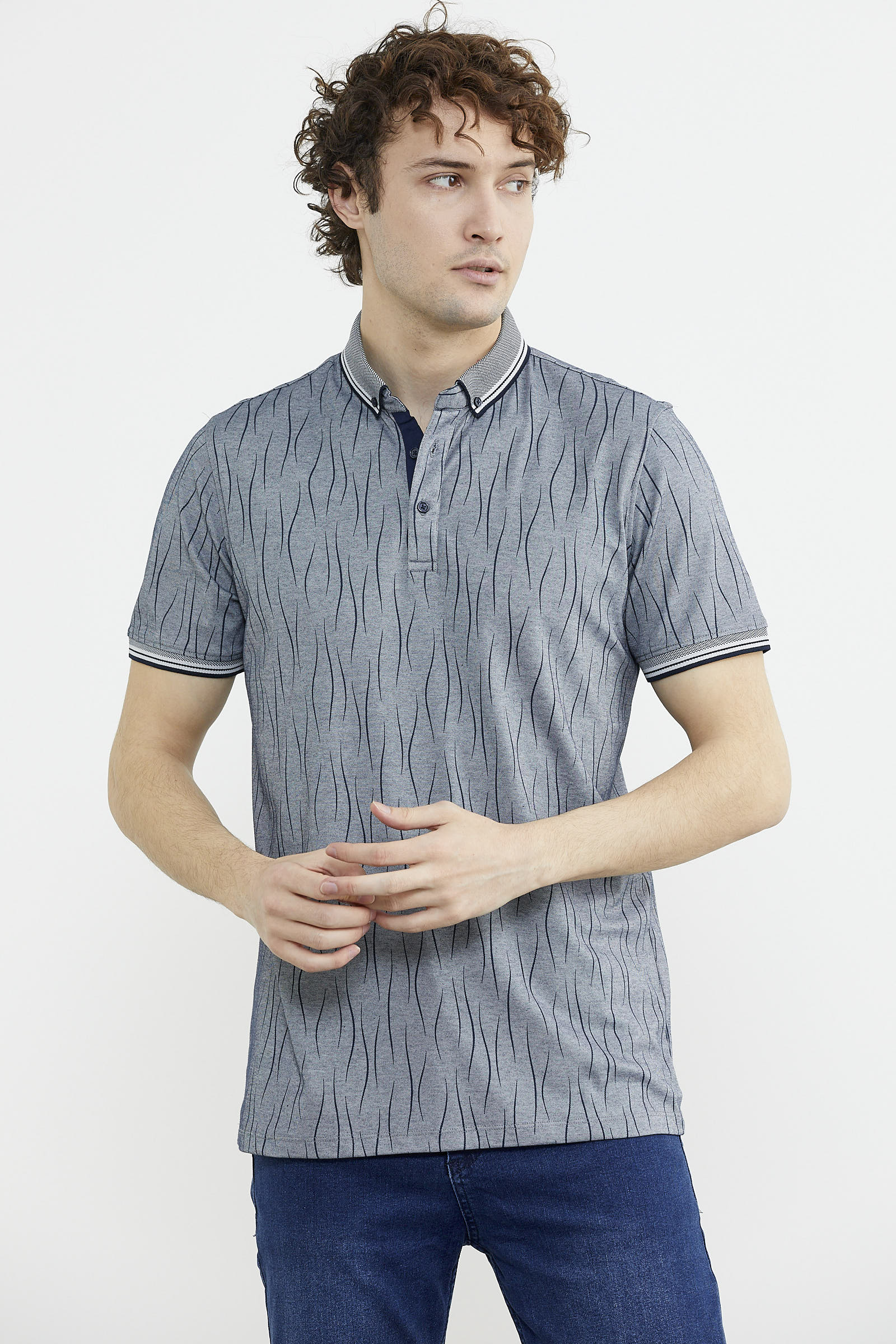 Polo Yaka Slim Fit Desenli Tişört - Lacivert (2) Sementa