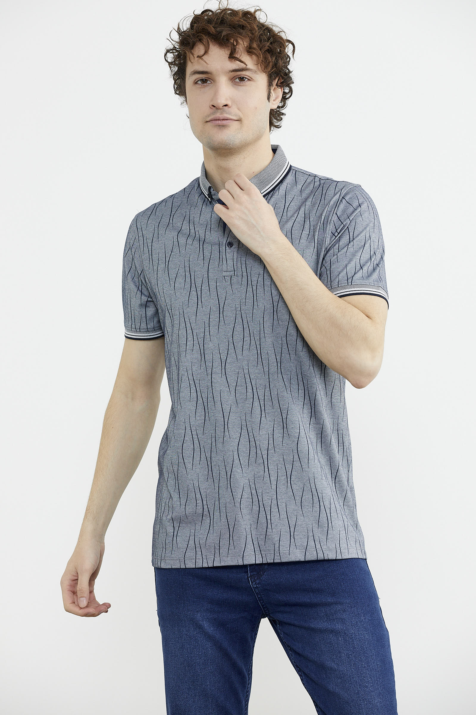 Polo Yaka Slim Fit Desenli Tişört - Lacivert (4) Sementa