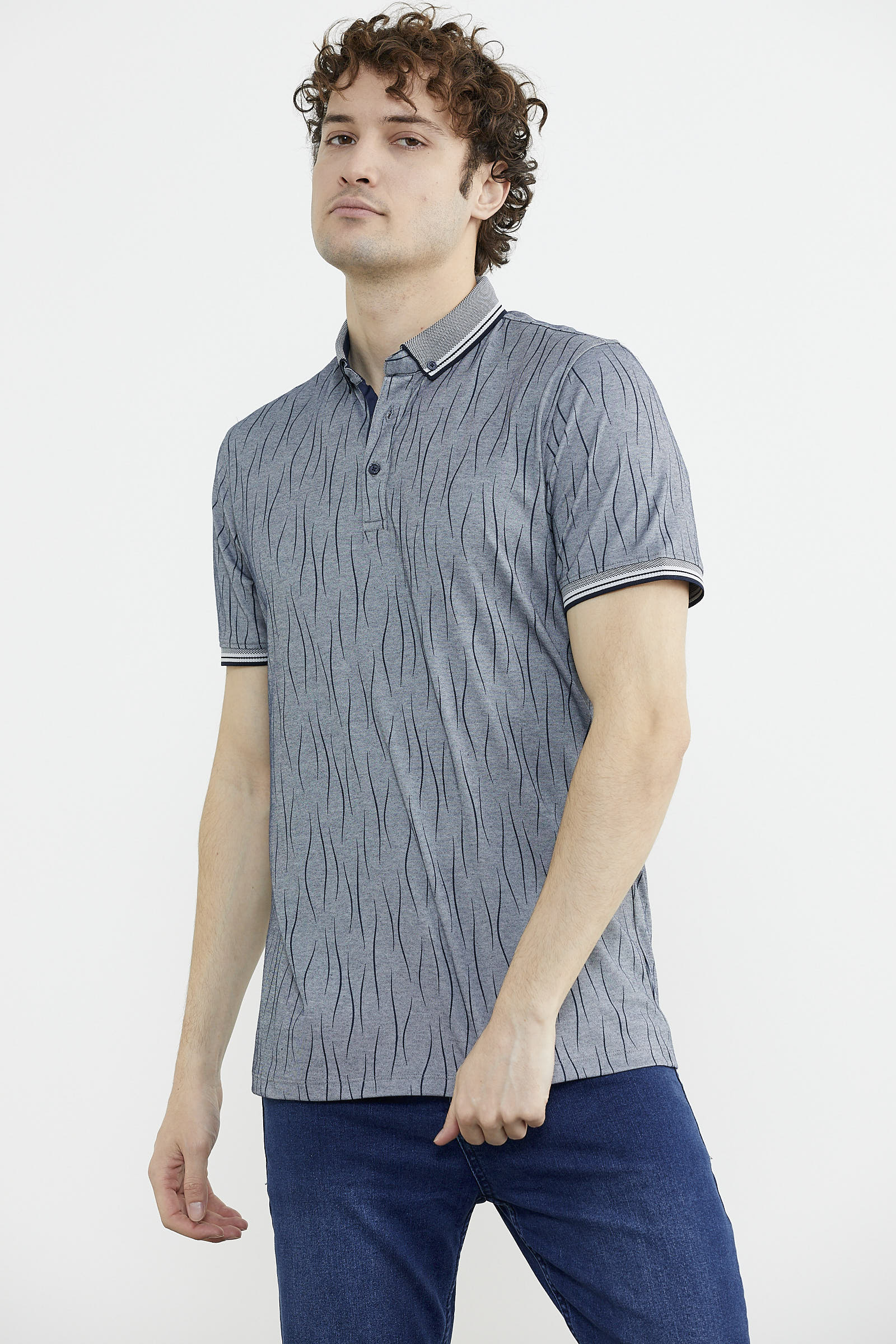 Polo Yaka Slim Fit Desenli Tişört - Lacivert (5) Sementa