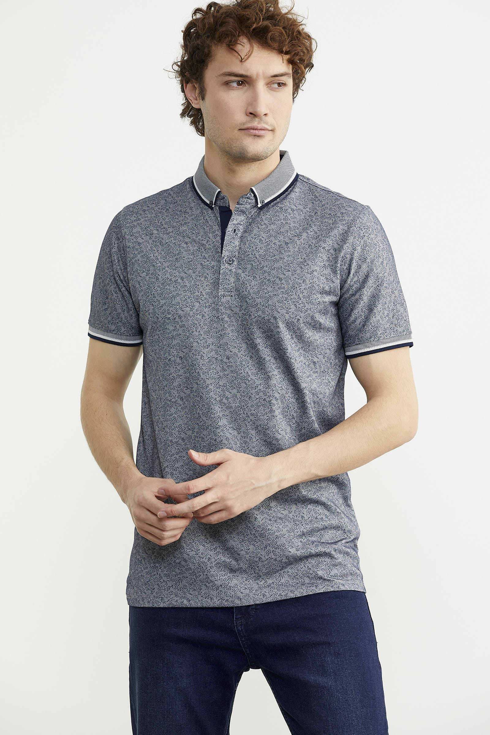 Polo Yaka Slim Fit Desenli Tişört - Lacivert (2) Sementa