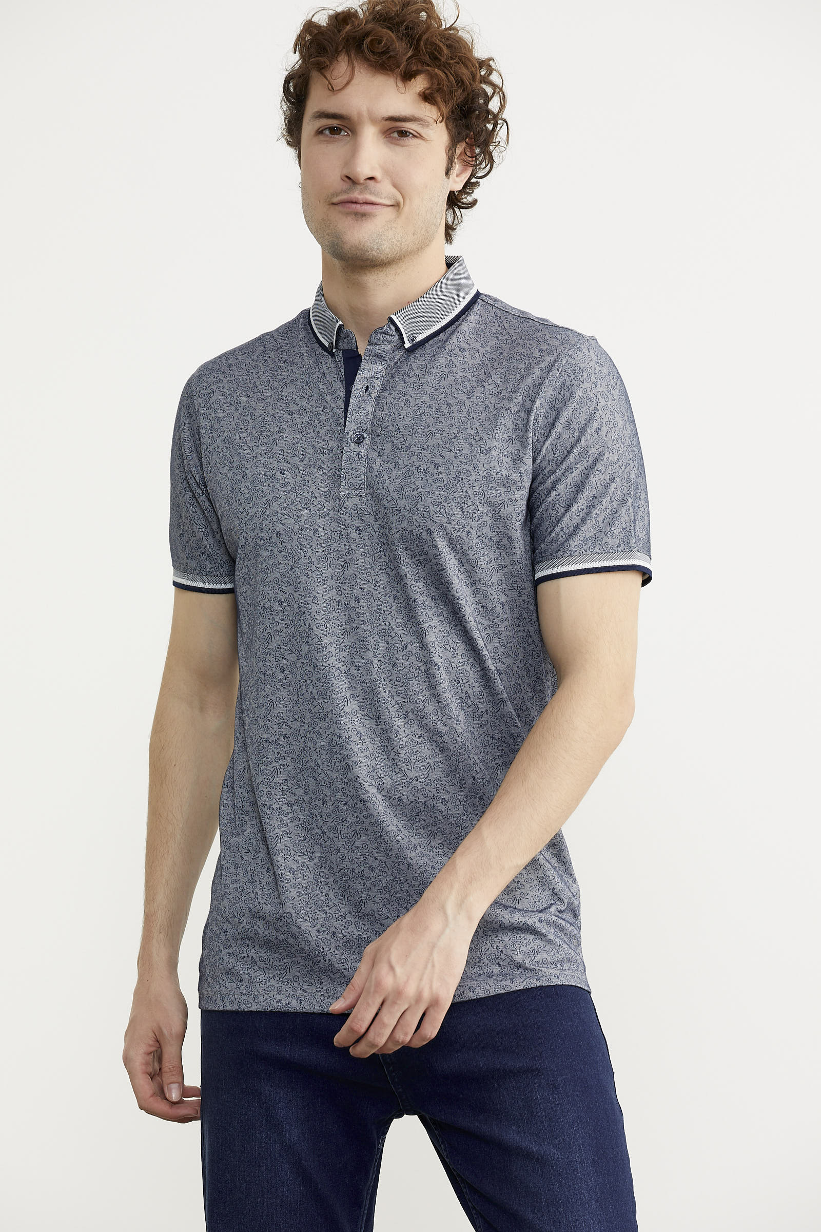 Polo Yaka Slim Fit Desenli Tişört - Lacivert (3) Sementa