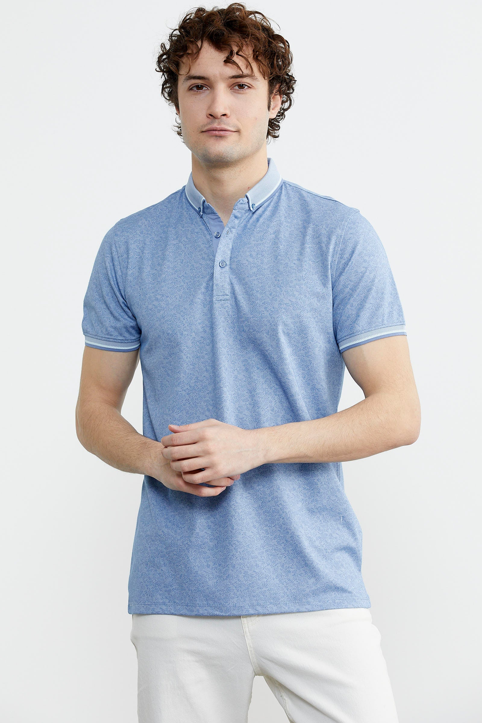 Polo Yaka Slim Fit Desenli Tişört - Mavi (3) Sementa