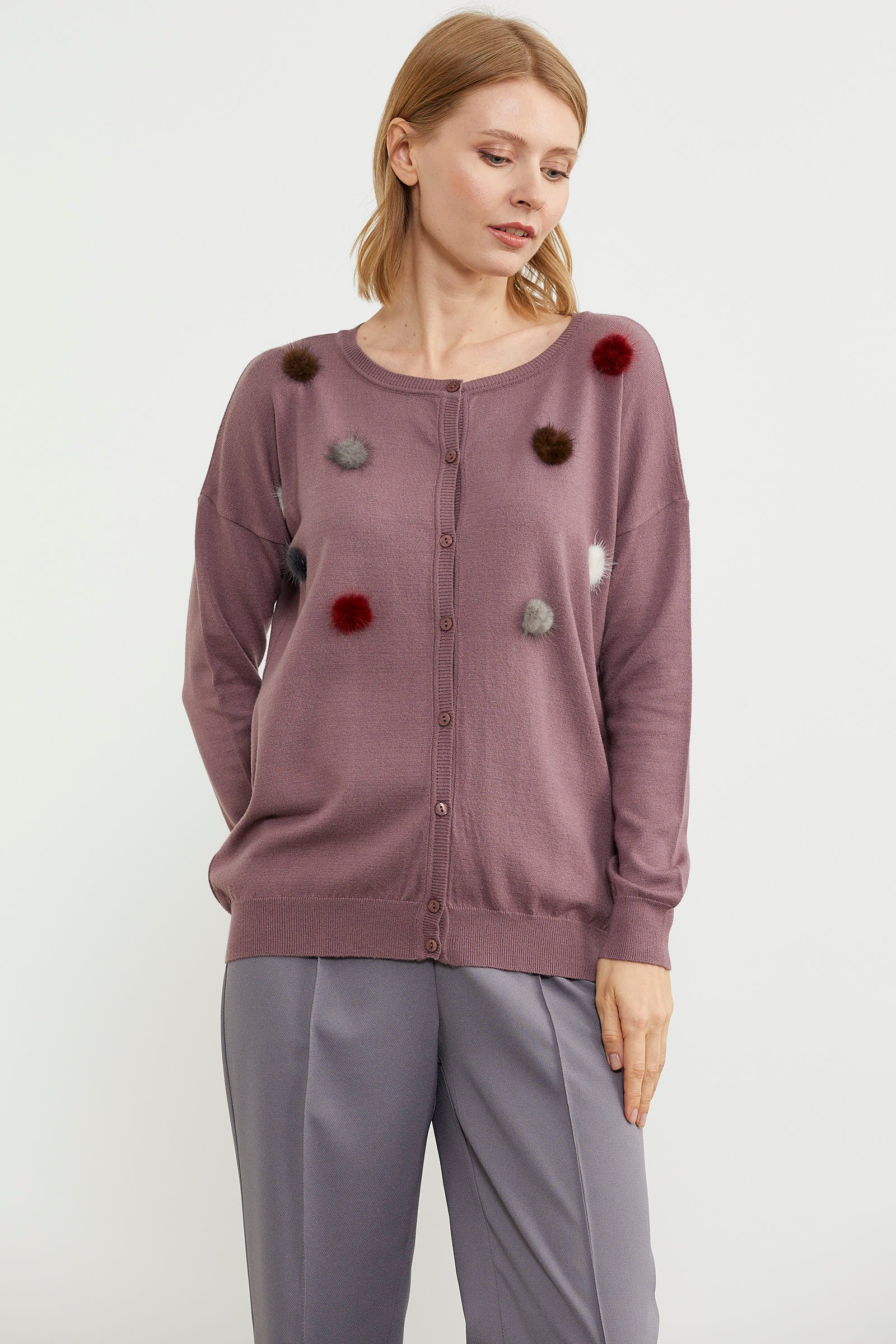 Ponpon Detaylı Basic Triko Hırka - Gül (2) Sementa