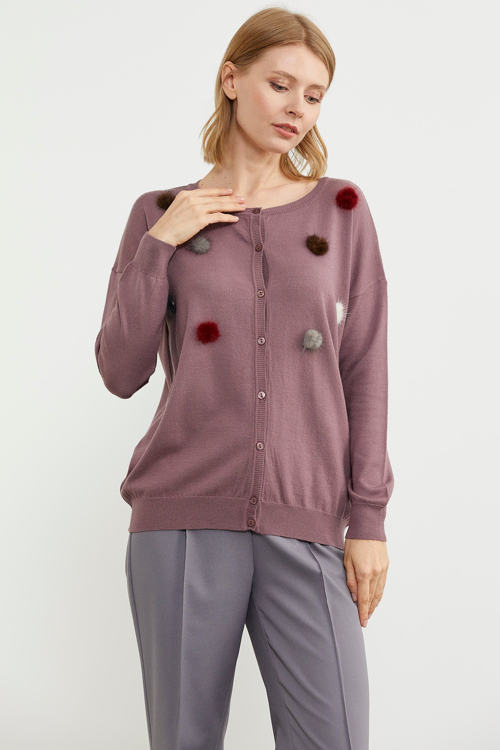 Ponpon Detaylı Basic Triko Hırka - Gül (3) Sementa