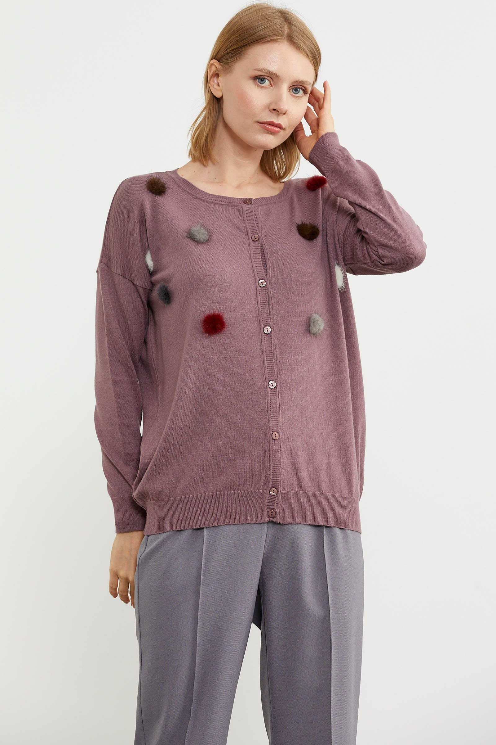 Ponpon Detaylı Basic Triko Hırka - Gül (4) Sementa