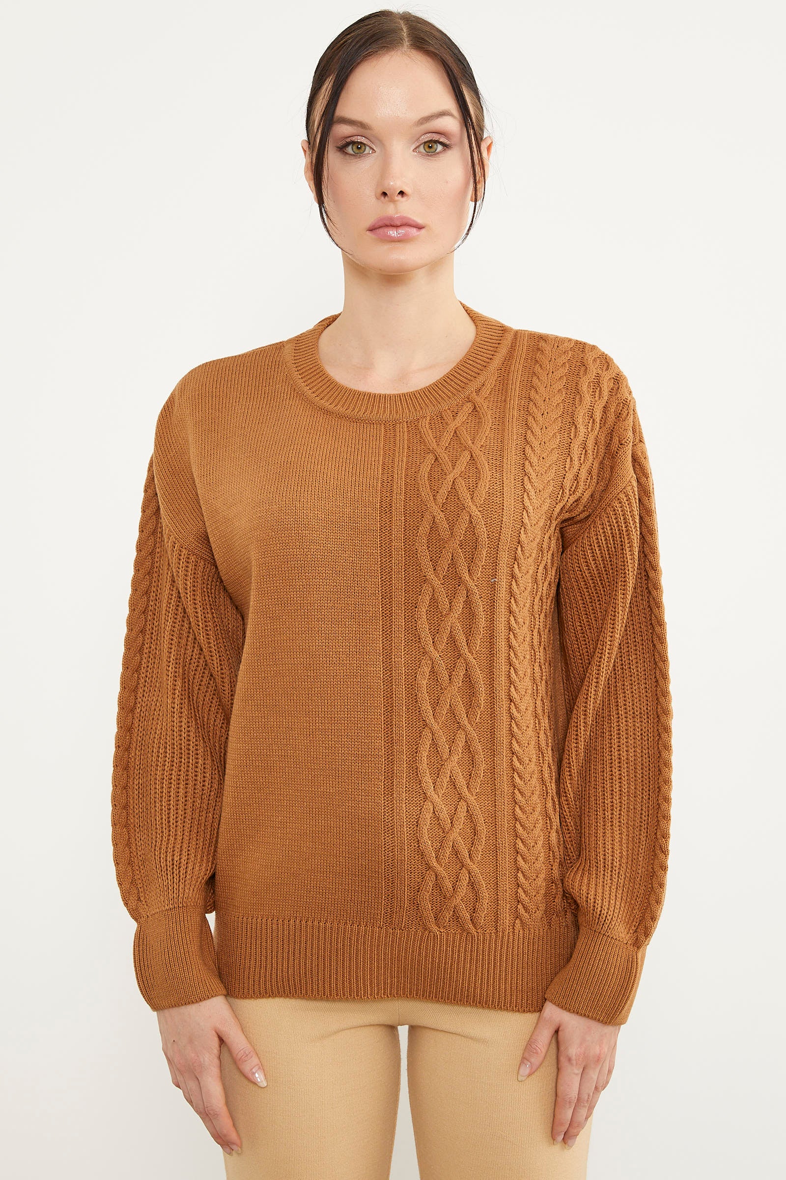 Prenses Kol Örgü Detaylı Triko Kazak - Kamel (4) Sementa