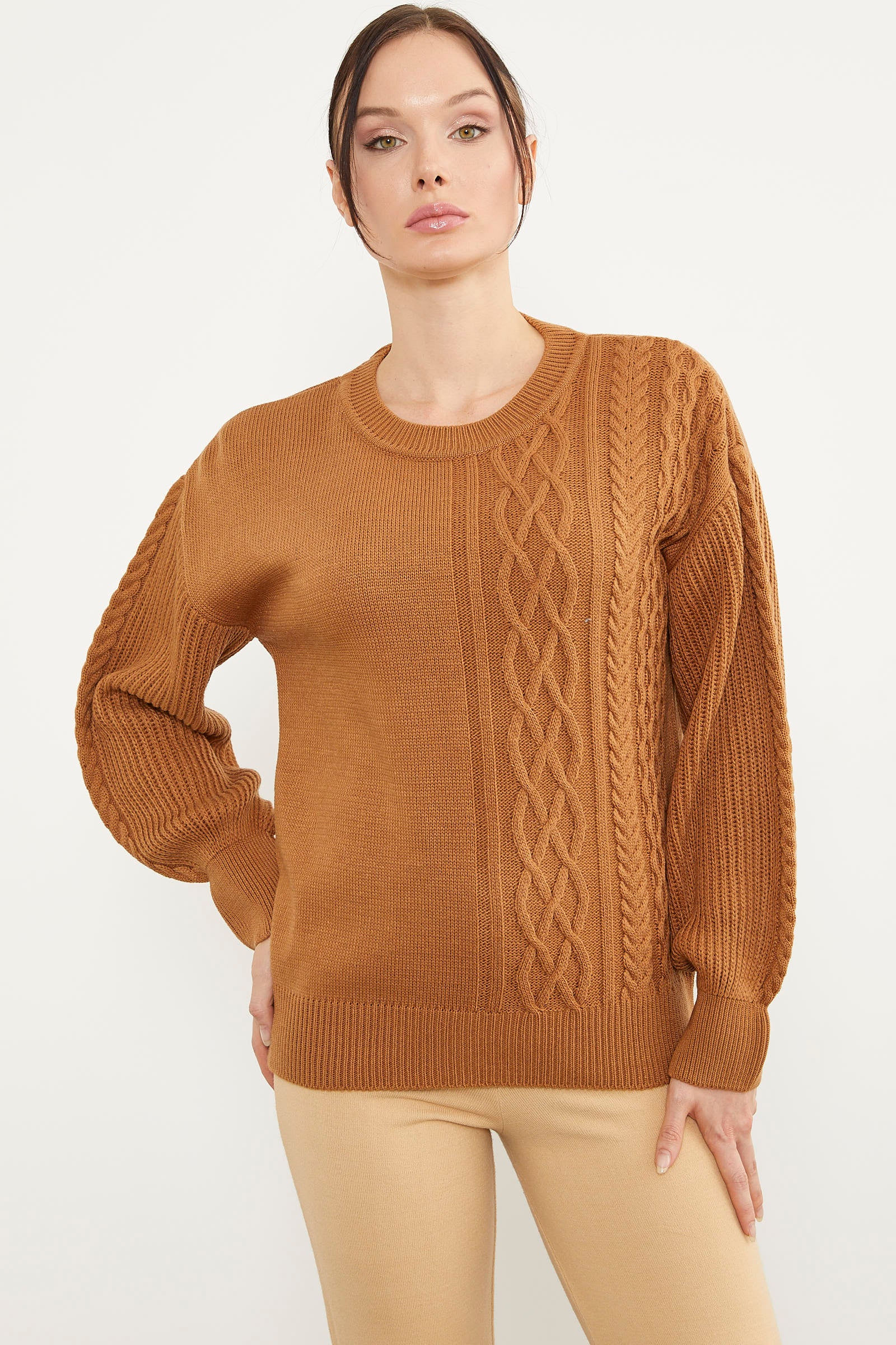 Prenses Kol Örgü Detaylı Triko Kazak - Kamel (2) Sementa