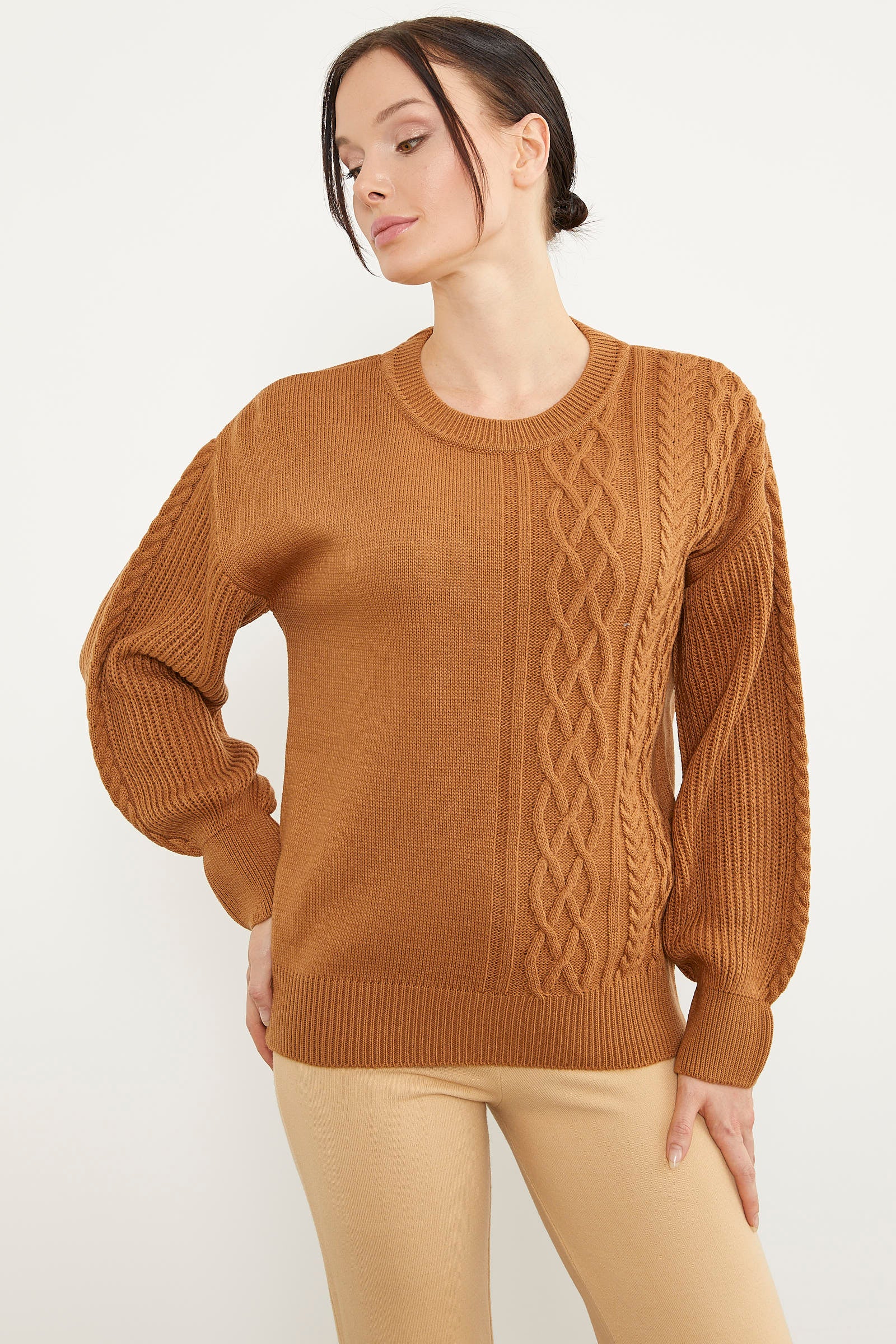 Prenses Kol Örgü Detaylı Triko Kazak - Kamel (3) Sementa