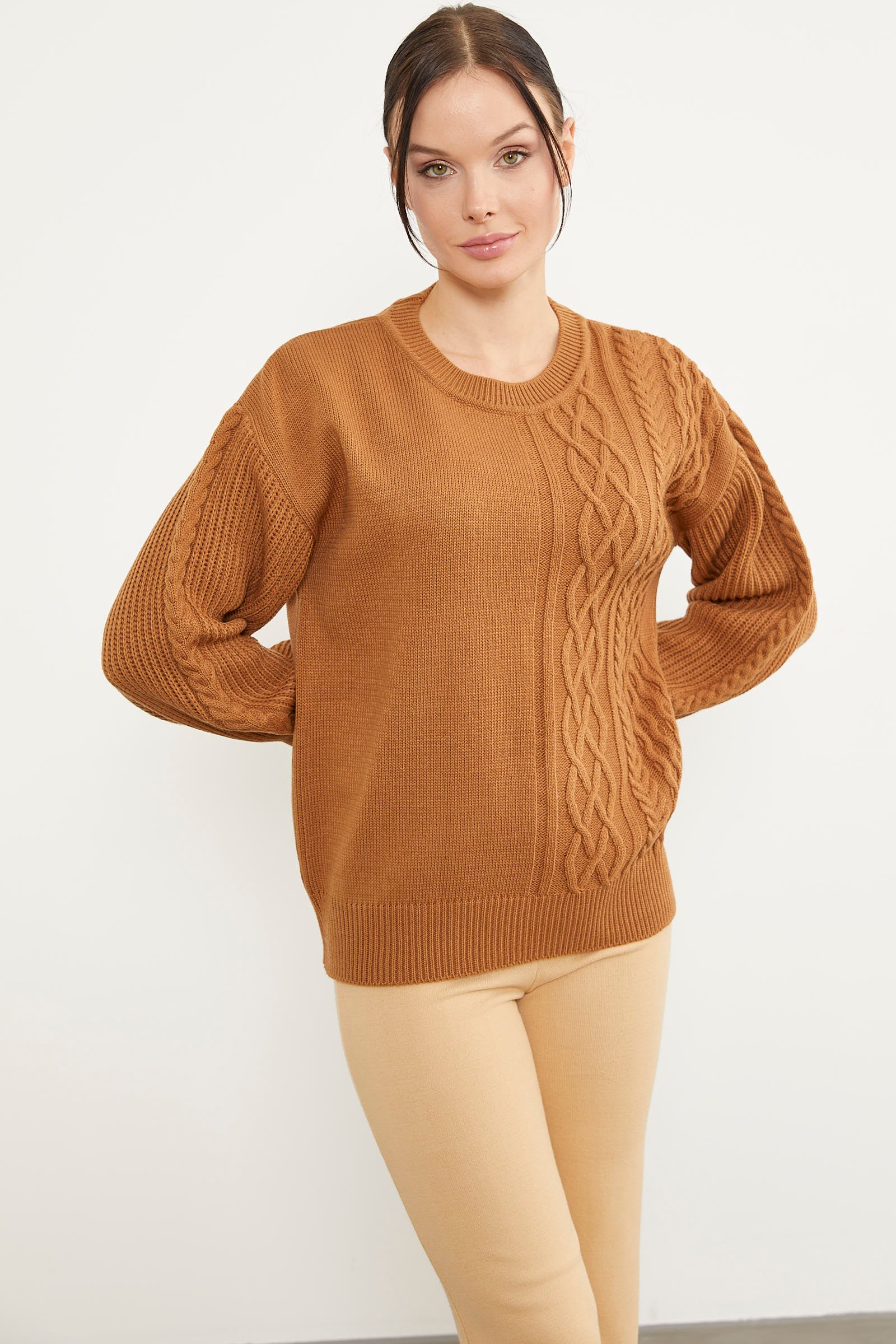 Prenses Kol Örgü Detaylı Triko Kazak - Kamel (1) Sementa