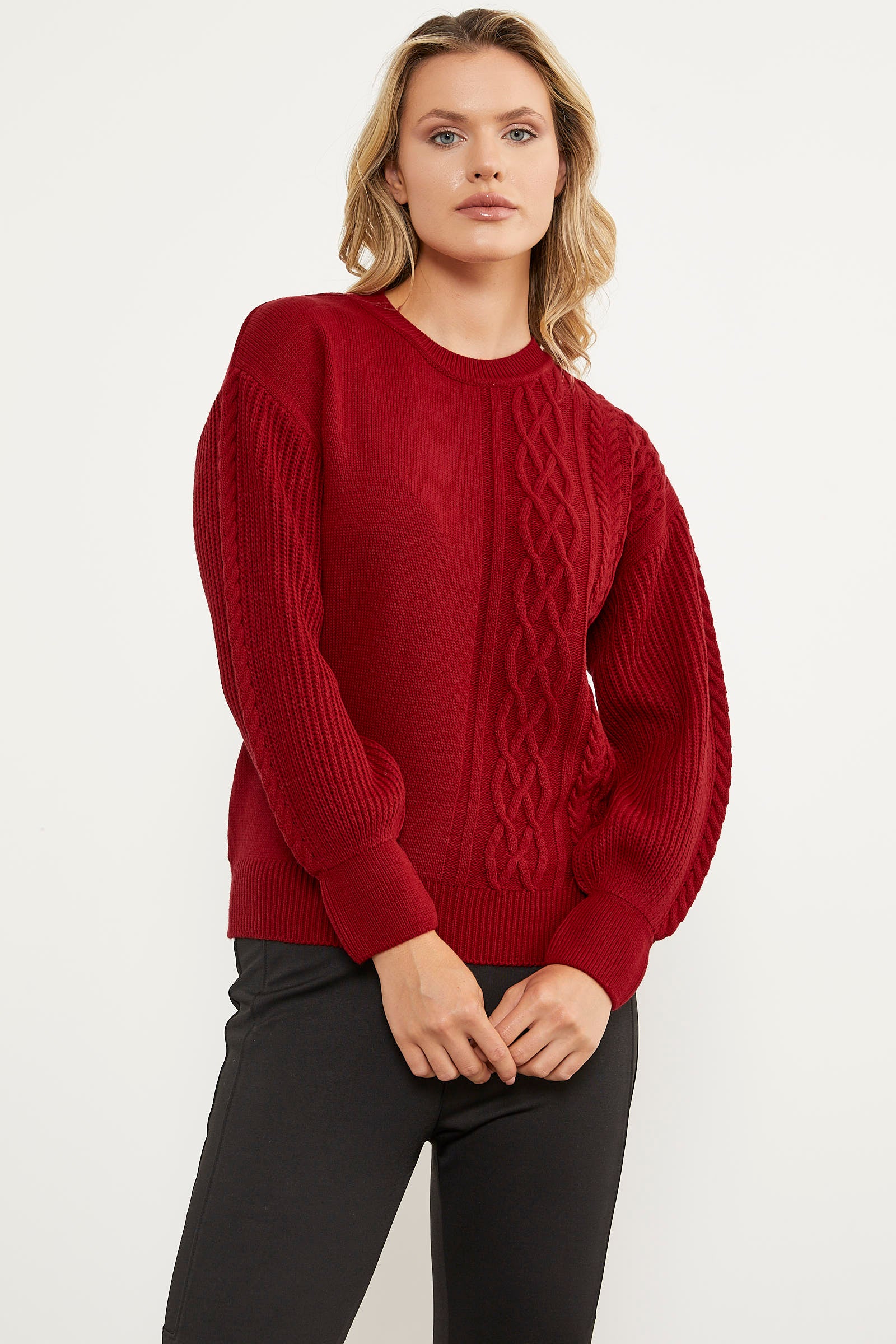 Prenses Kol Örgü Detaylı Triko Kazak - Kırmızı (1) Sementa