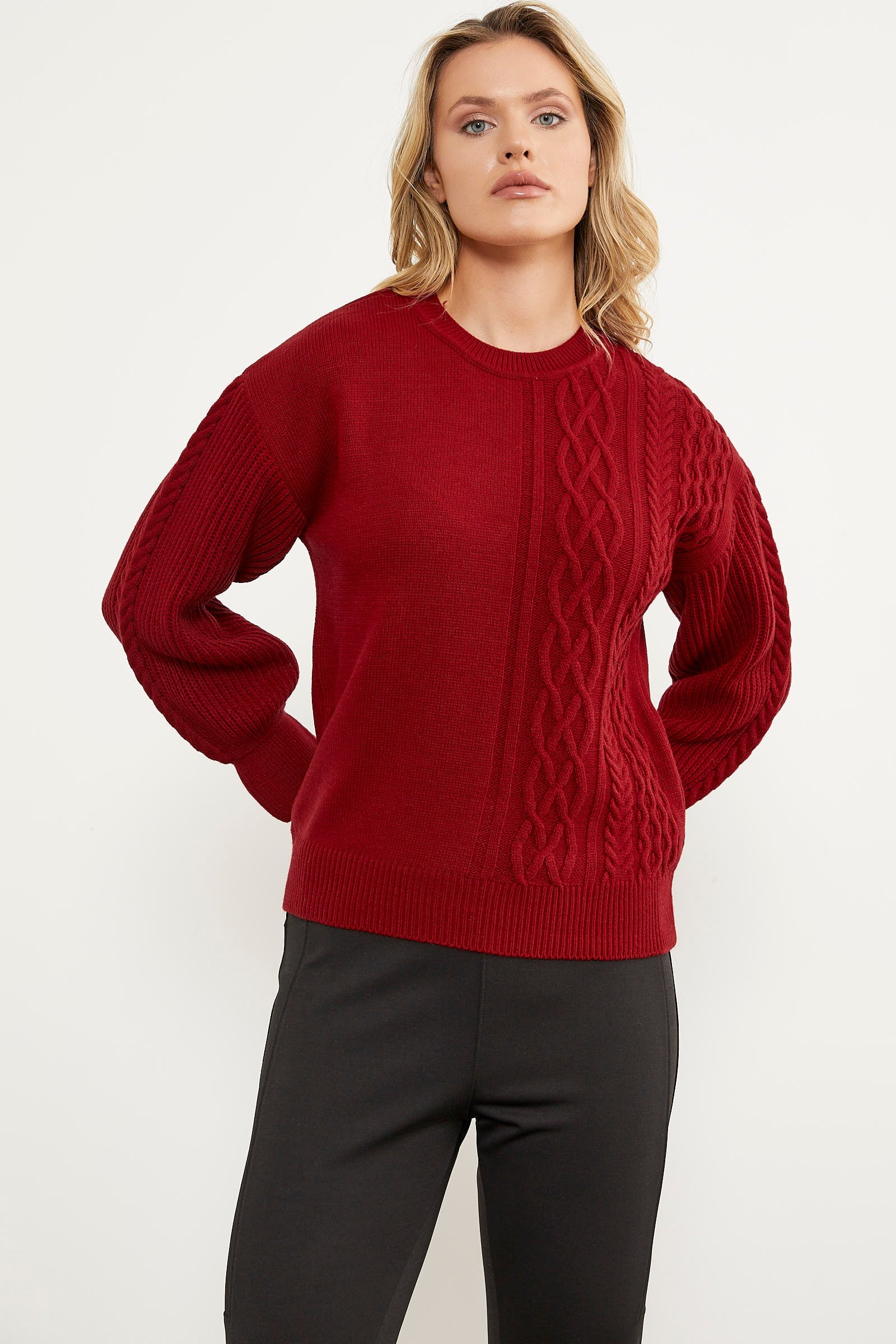 Prenses Kol Örgü Detaylı Triko Kazak - Kırmızı (2) Sementa