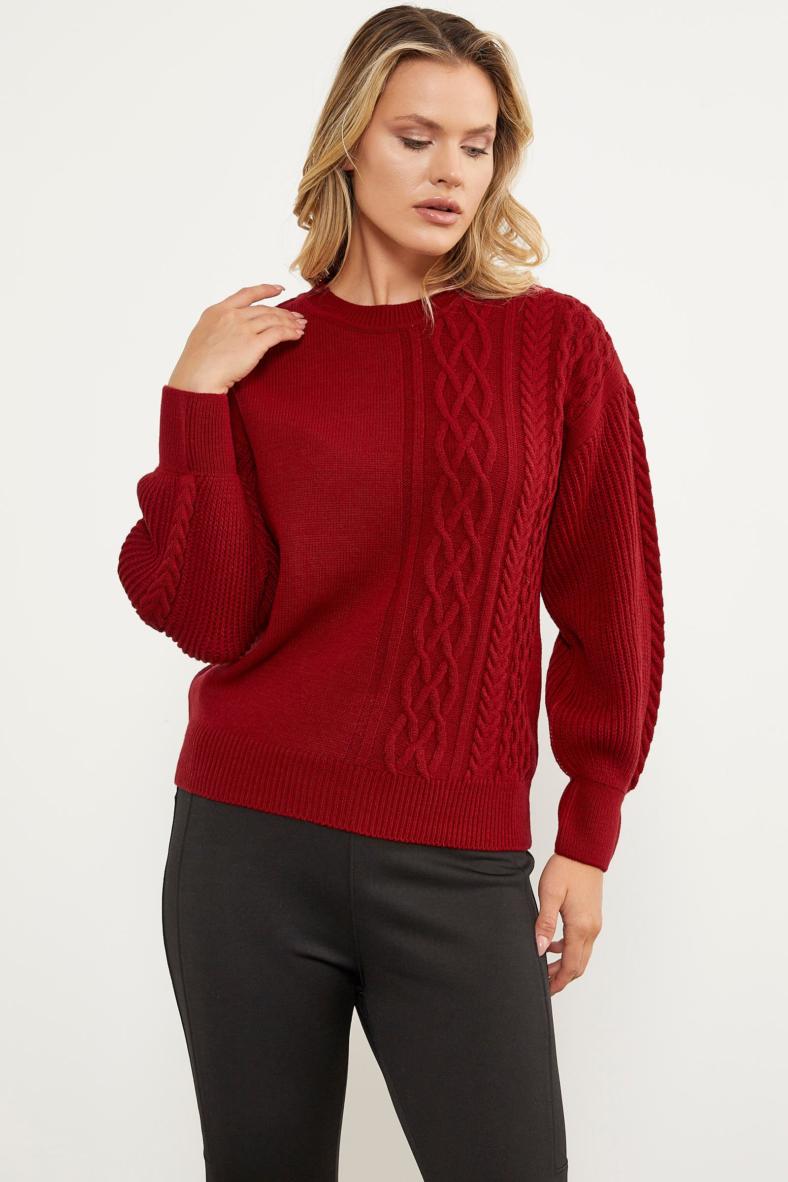 Prenses Kol Örgü Detaylı Triko Kazak - Kırmızı (3) Sementa