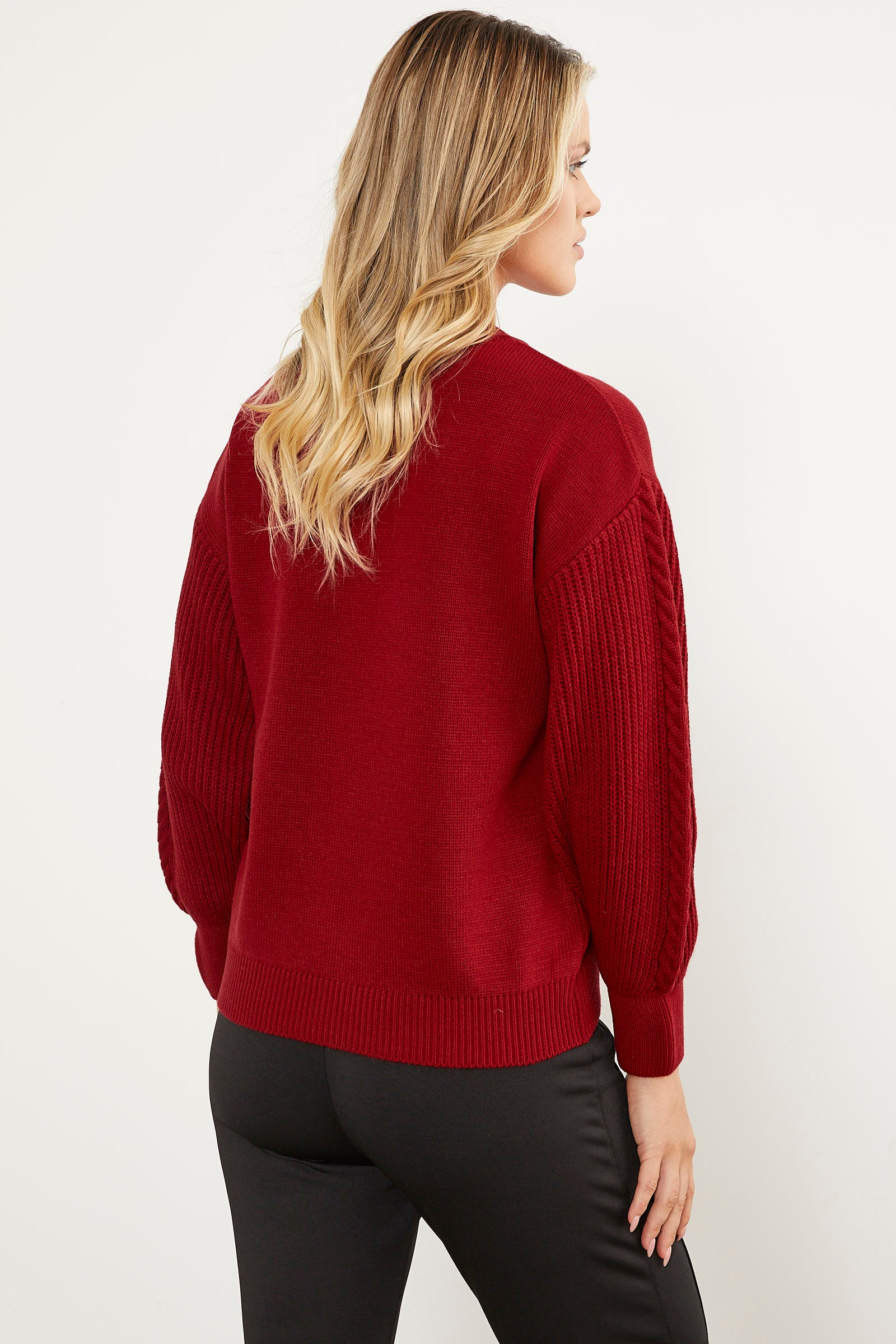 Prenses Kol Örgü Detaylı Triko Kazak - Kırmızı (7) Sementa