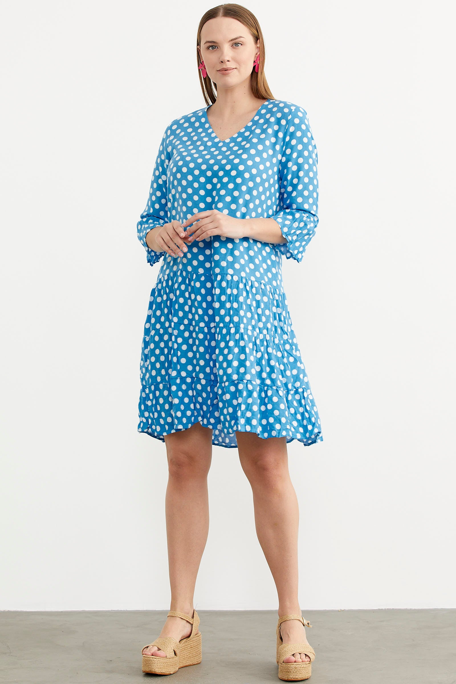 Puantiye Desenli Rahat Kalıp Dökümlü Elbise - Mavi (2) Sementa