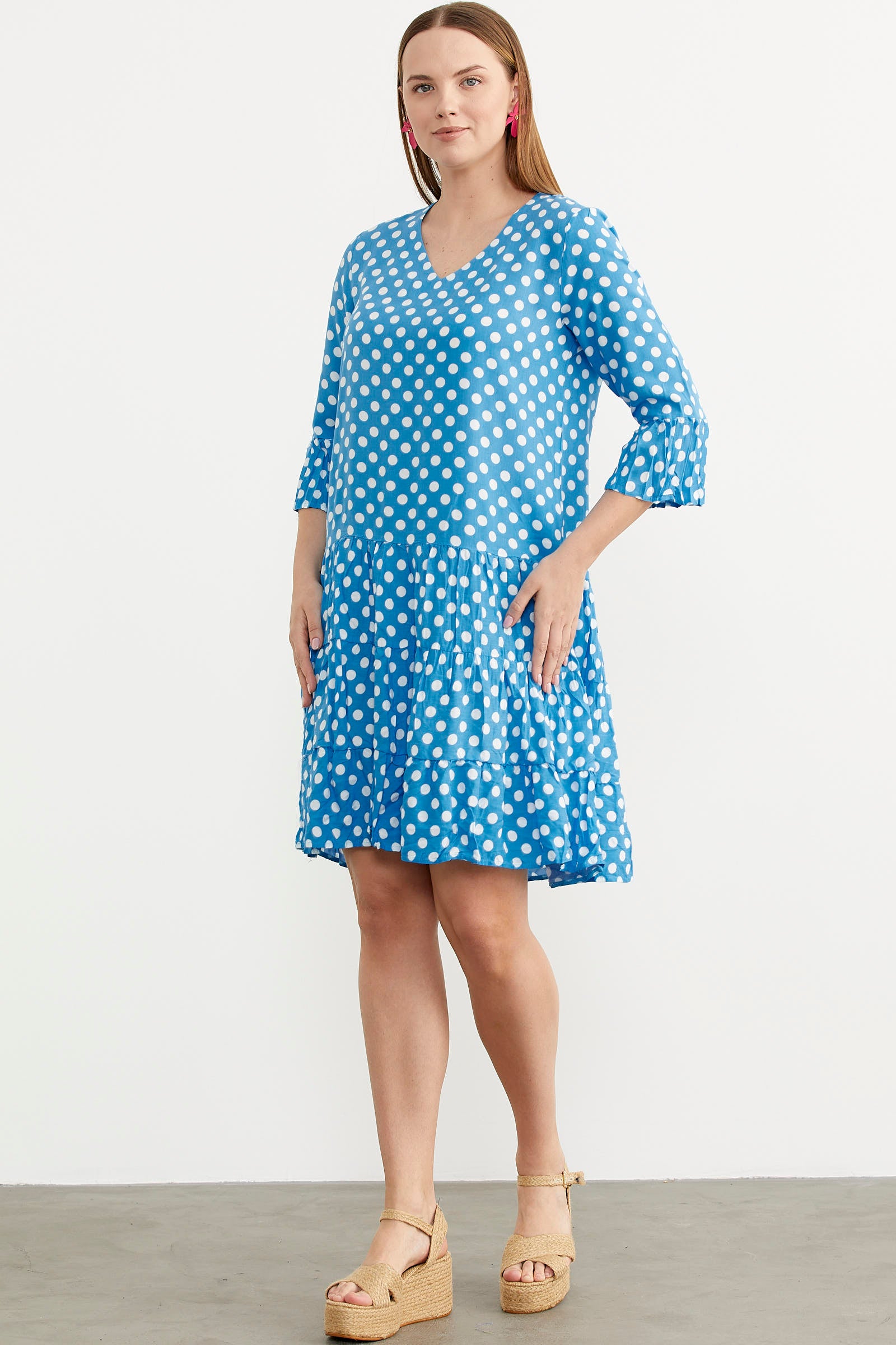 Puantiye Desenli Rahat Kalıp Dökümlü Elbise - Mavi (3) Sementa