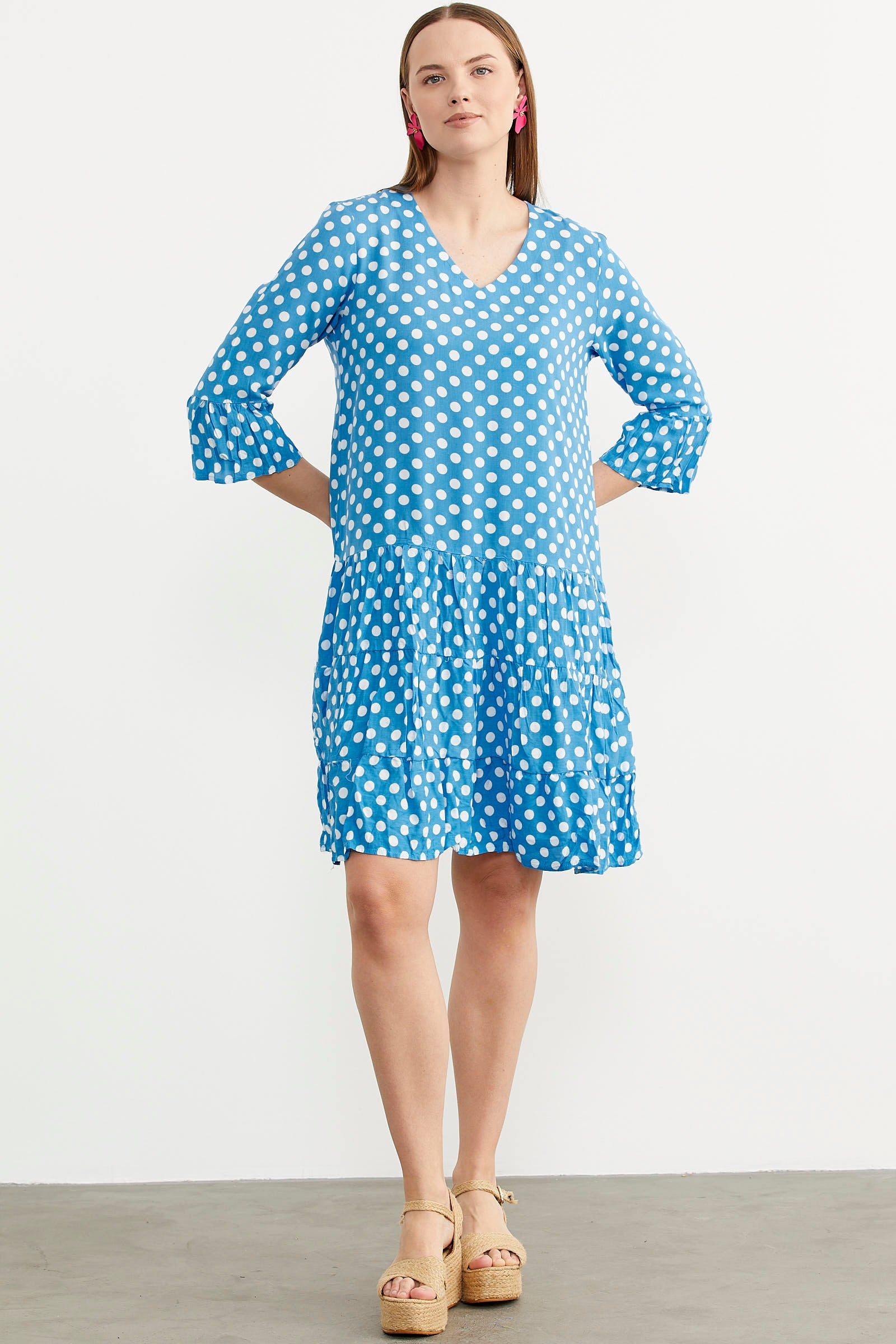 Puantiye Desenli Rahat Kalıp Dökümlü Elbise - Mavi (5) Sementa