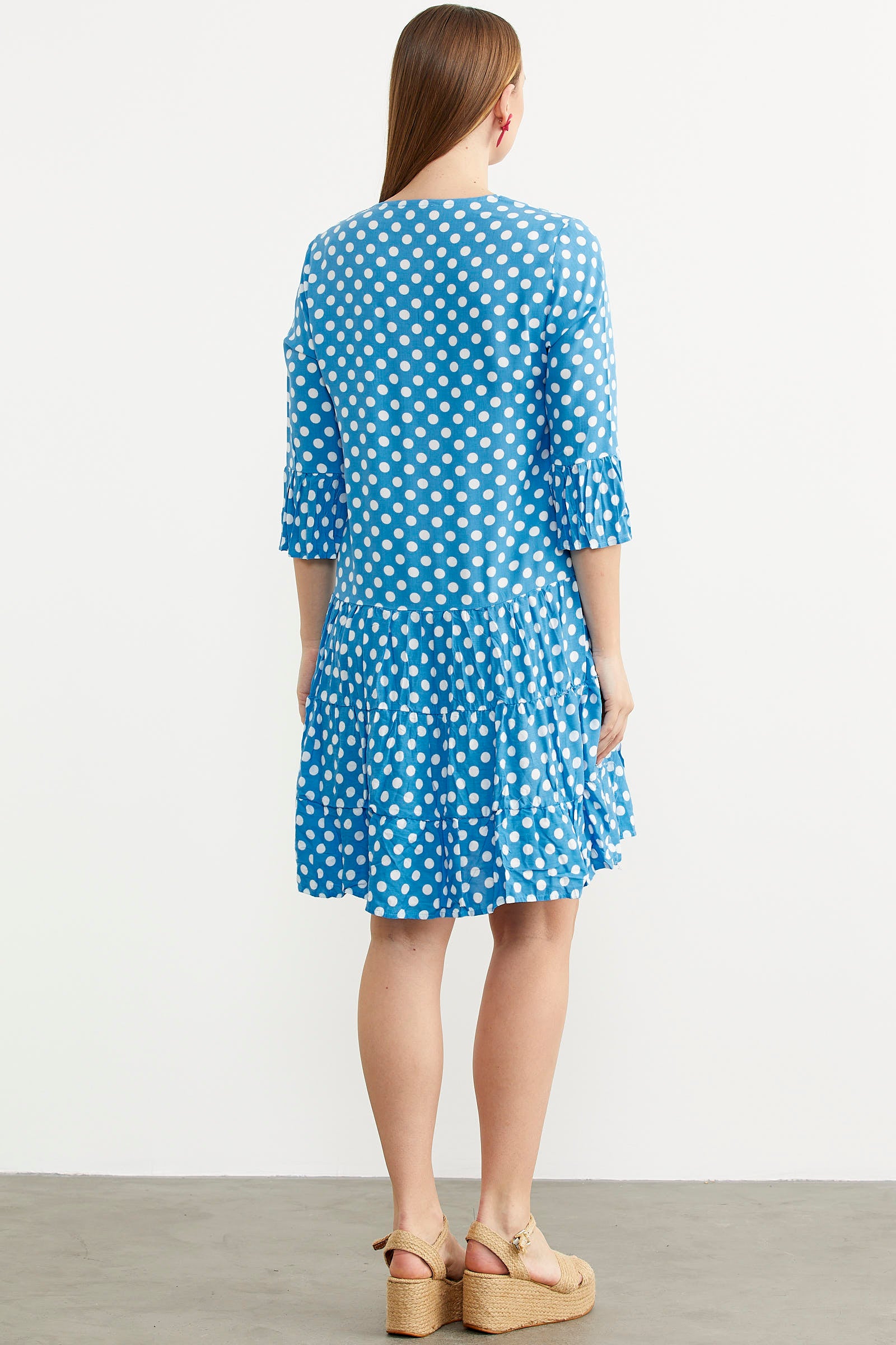 Puantiye Desenli Rahat Kalıp Dökümlü Elbise - Mavi (6) Sementa