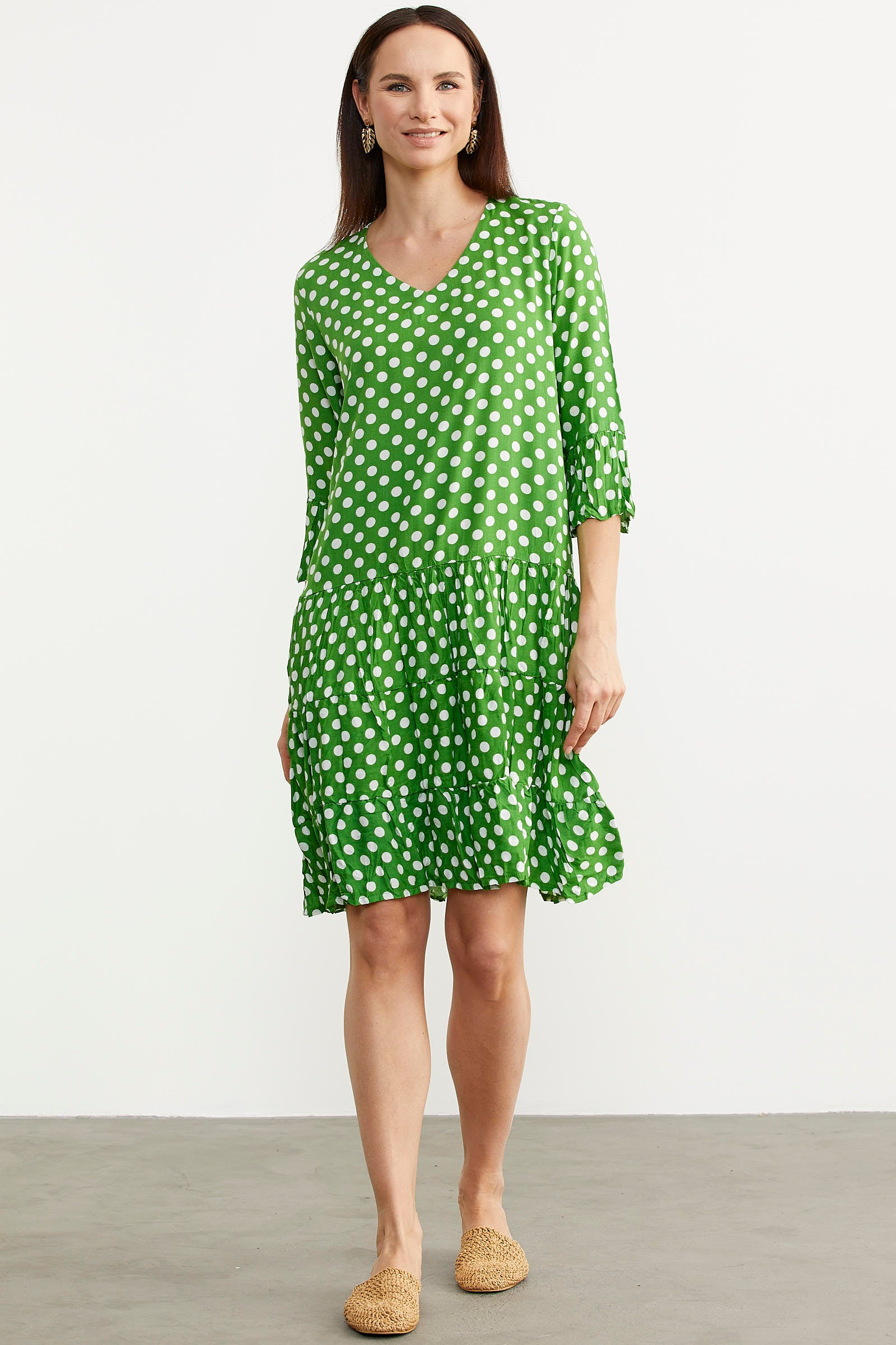 Puantiye Desenli Rahat Kalıp Dökümlü Elbise - Yeşil (2) Sementa