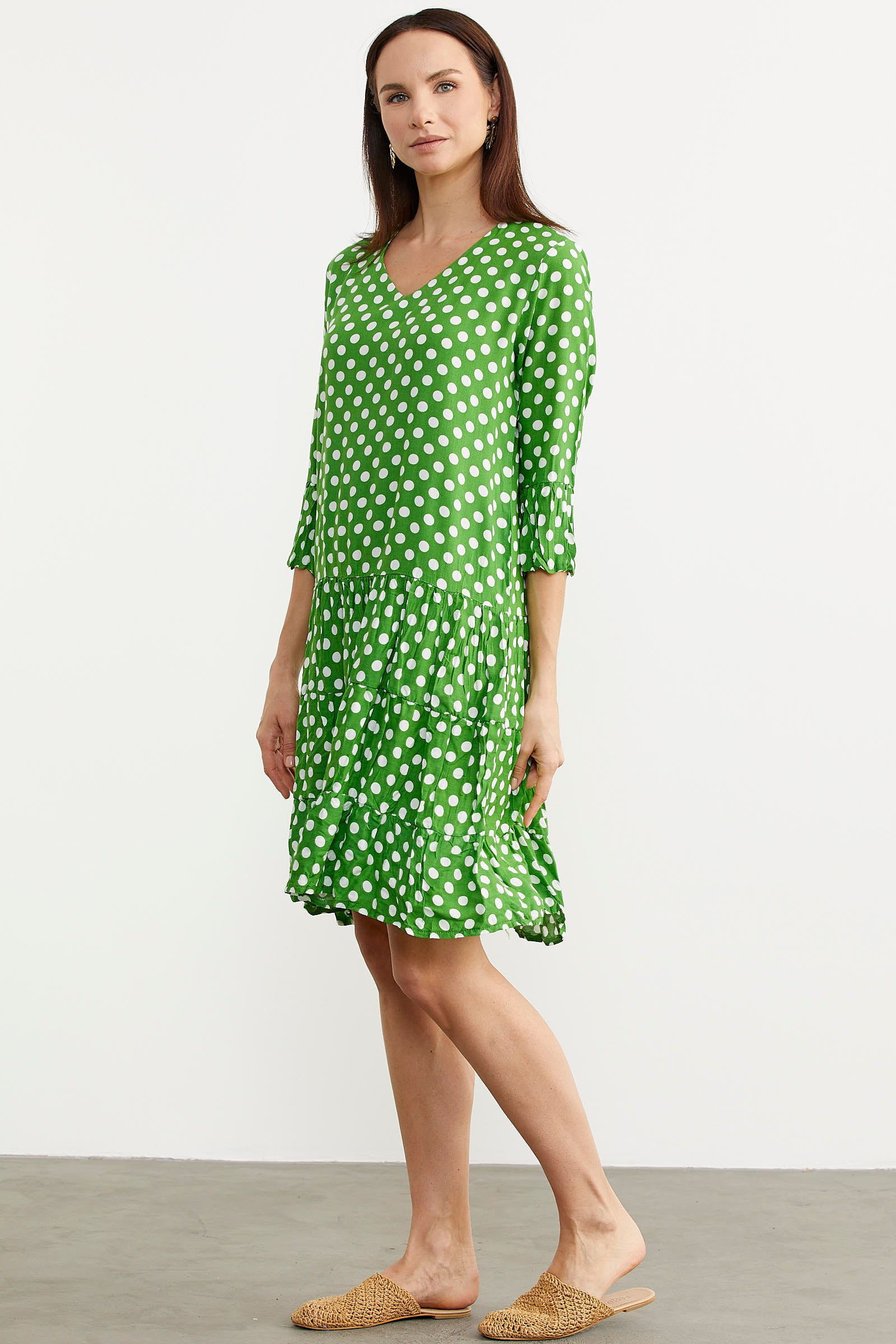 Puantiye Desenli Rahat Kalıp Dökümlü Elbise - Yeşil (5) Sementa