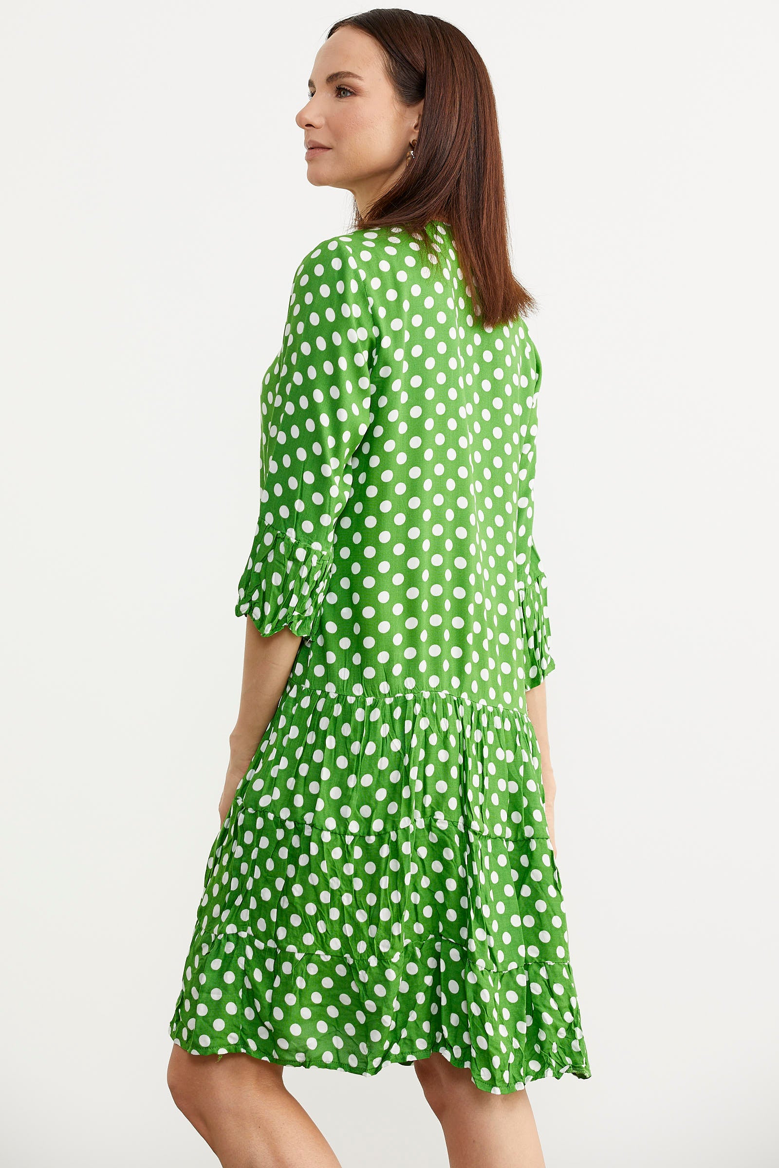 Puantiye Desenli Rahat Kalıp Dökümlü Elbise - Yeşil (7) Sementa