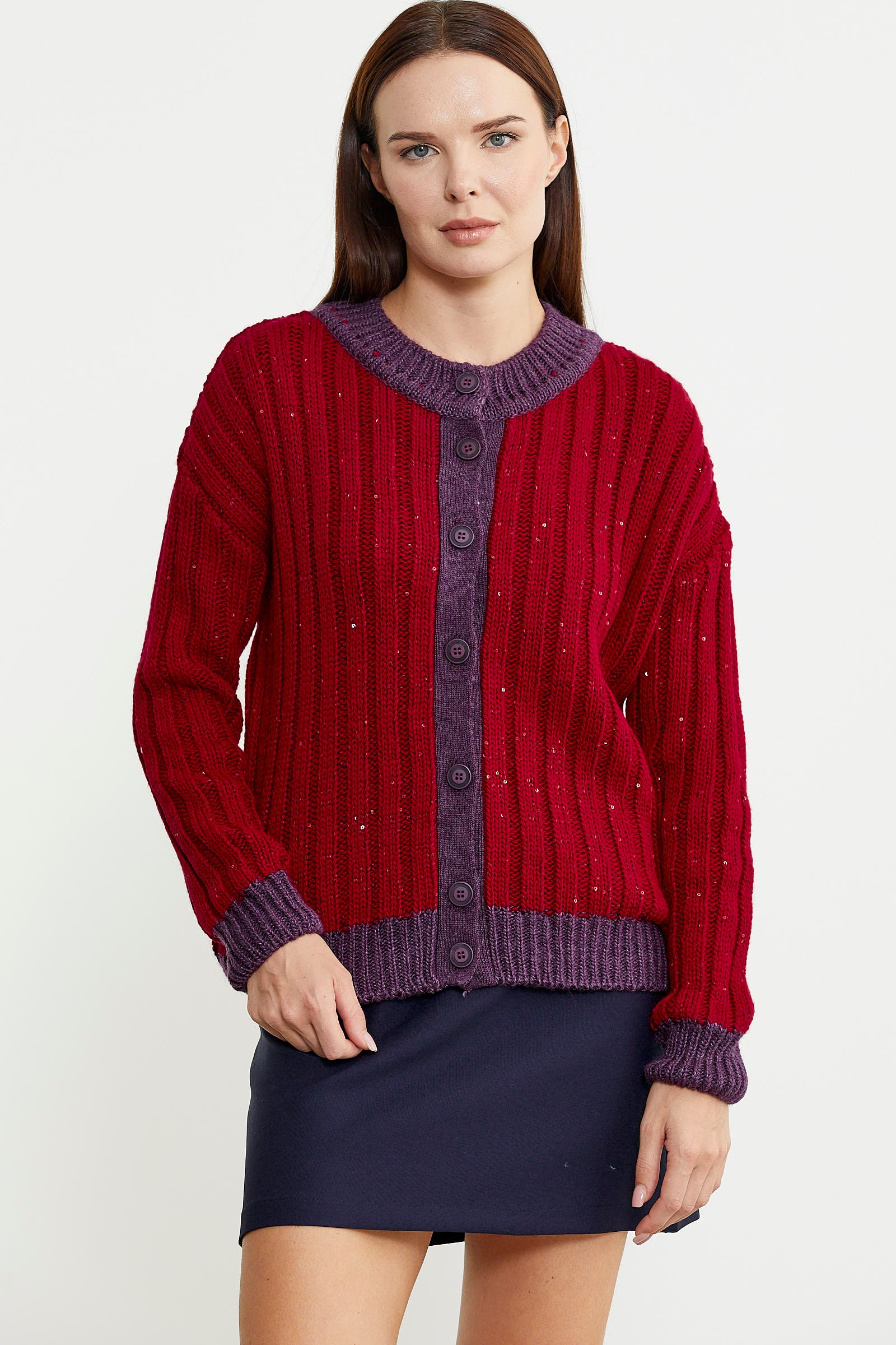 Pul Payet Detaylı Yünlü Triko Hırka - Kırmızı - Sementa