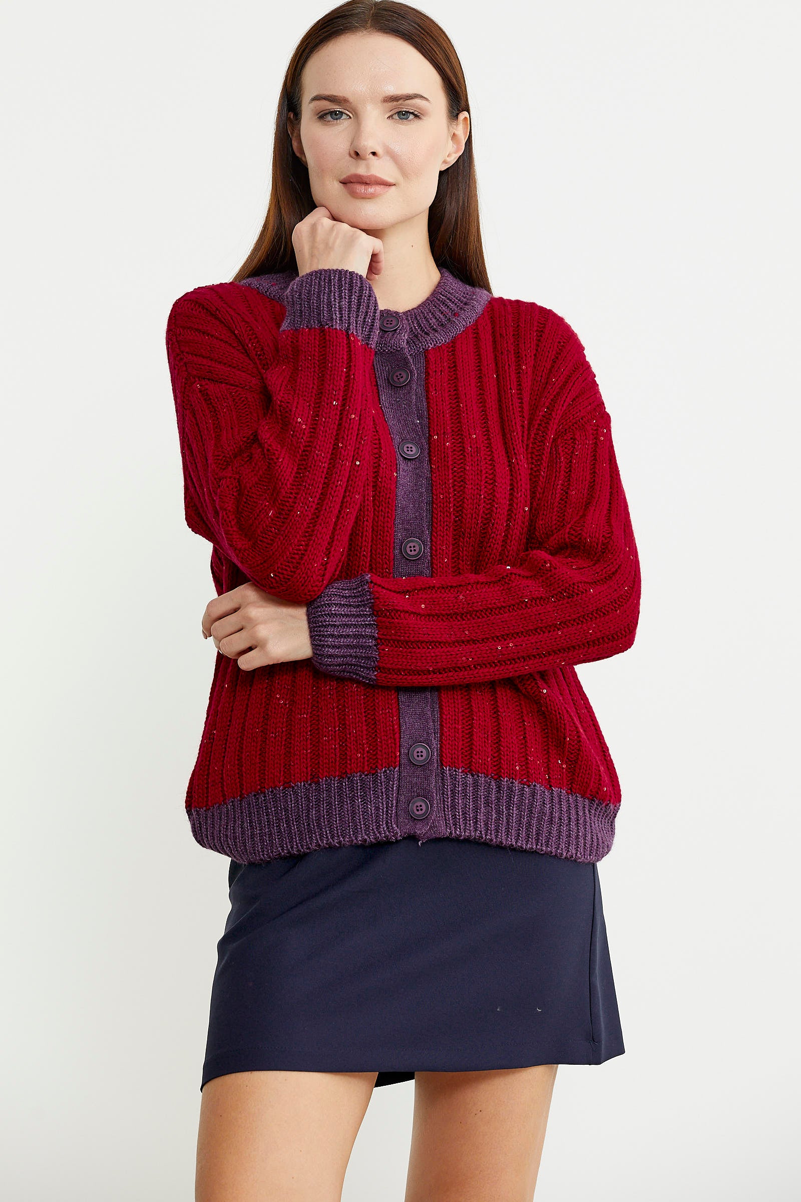 Pul Payet Detaylı Yünlü Triko Hırka - Kırmızı - Sementa