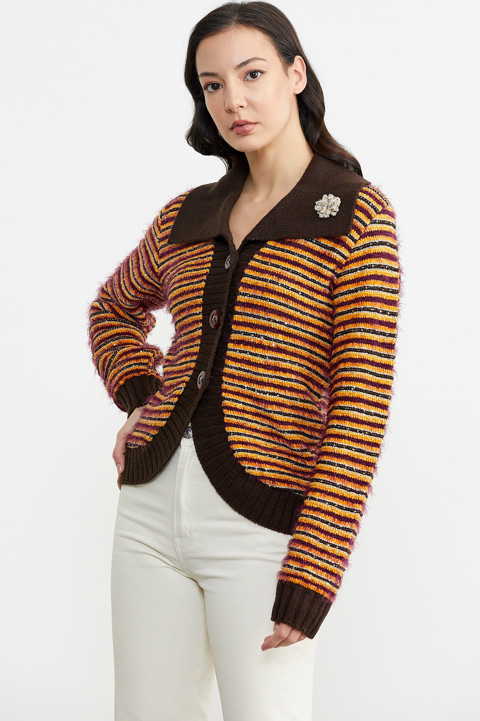 Pul Payet Detaylı Triko Hırka - Oranj - Kahve (4) Sementa