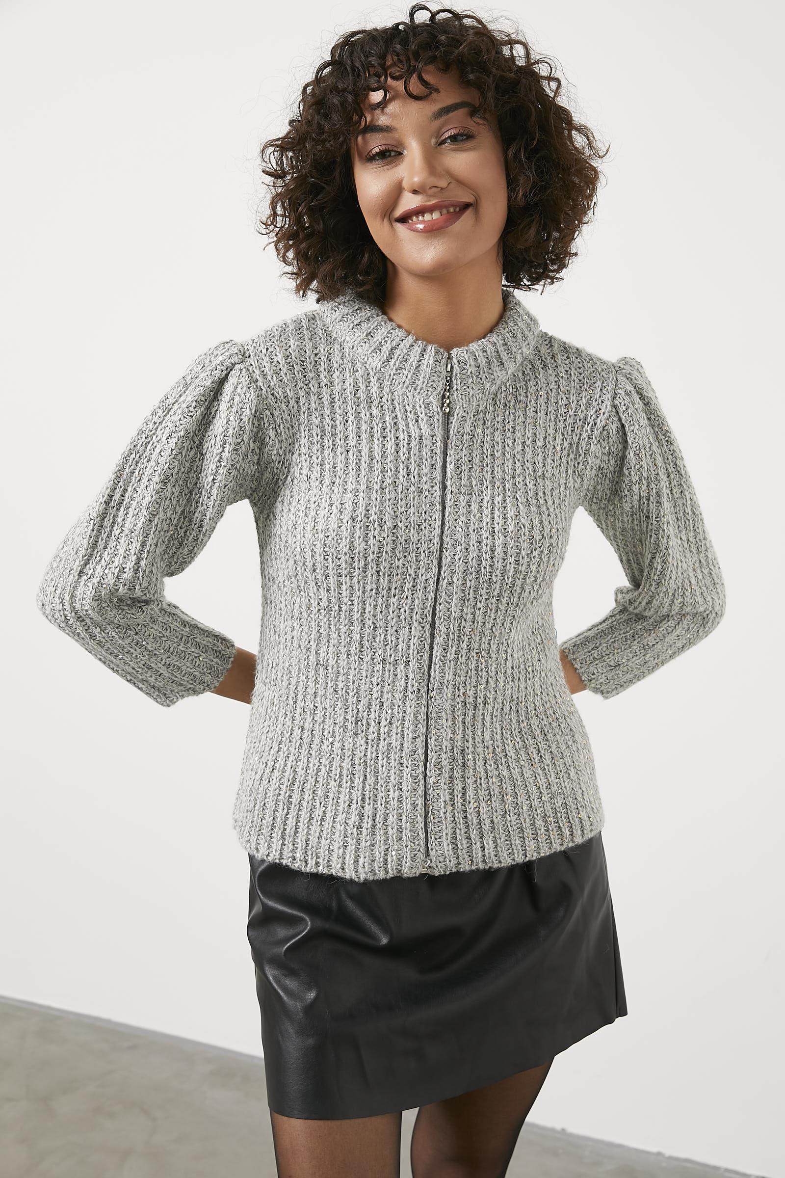 Pullu Fermuarlı Triko Hırka - Gri (4) Sementa