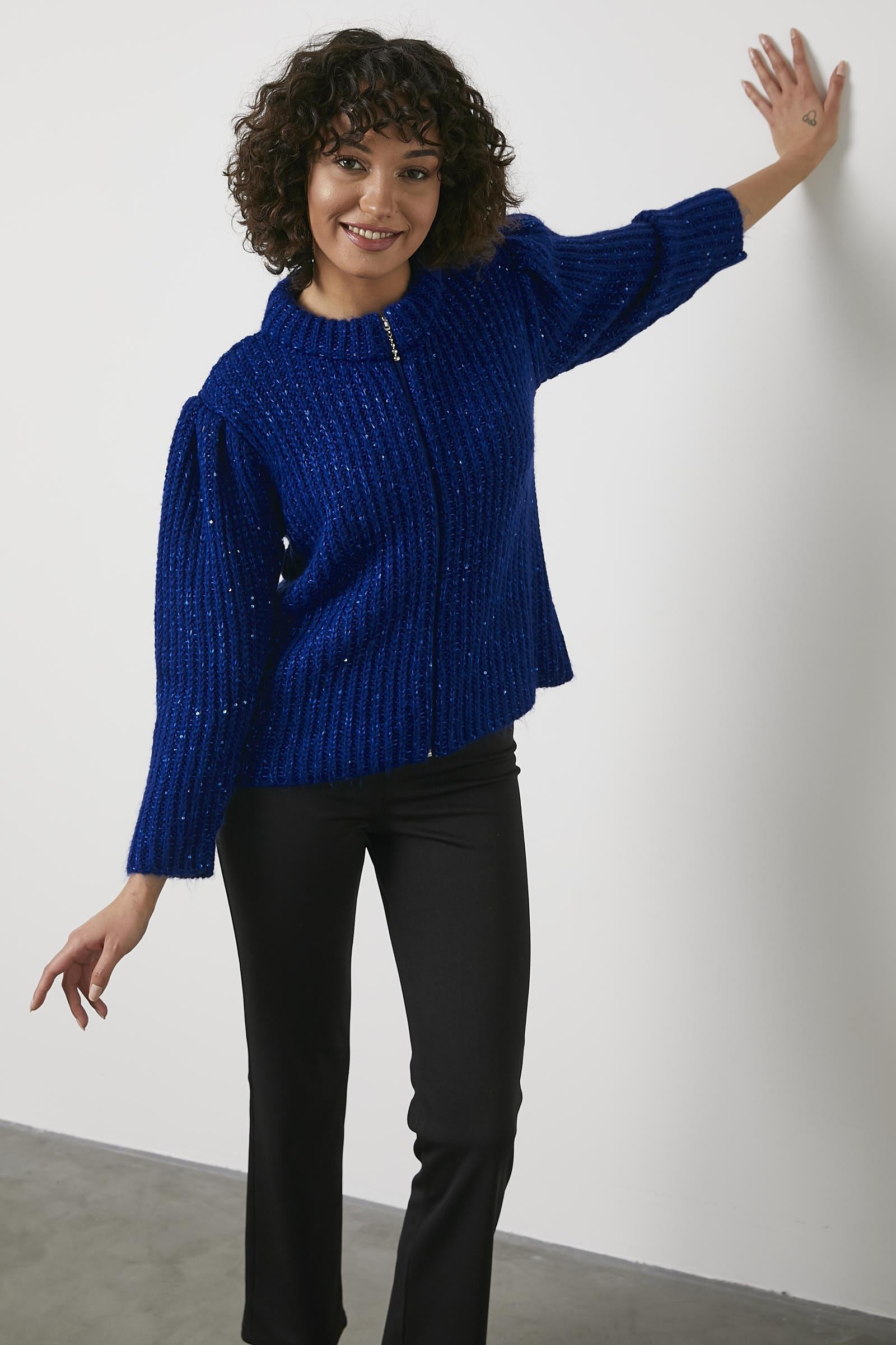 Pullu Fermuarlı Triko Hırka - Saks (3) Sementa