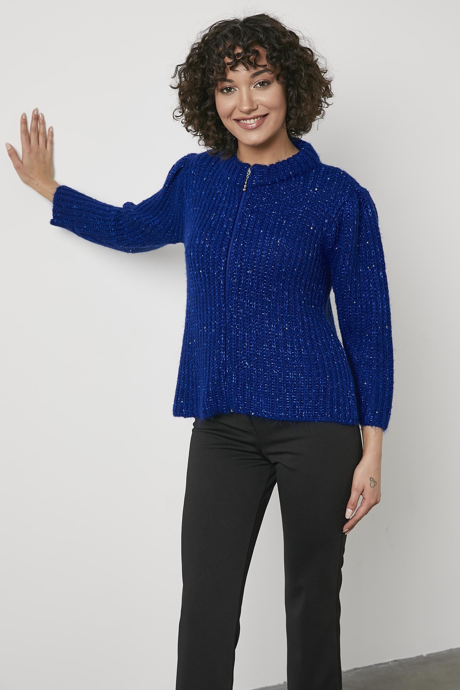 Pullu Fermuarlı Triko Hırka - Saks (5) Sementa