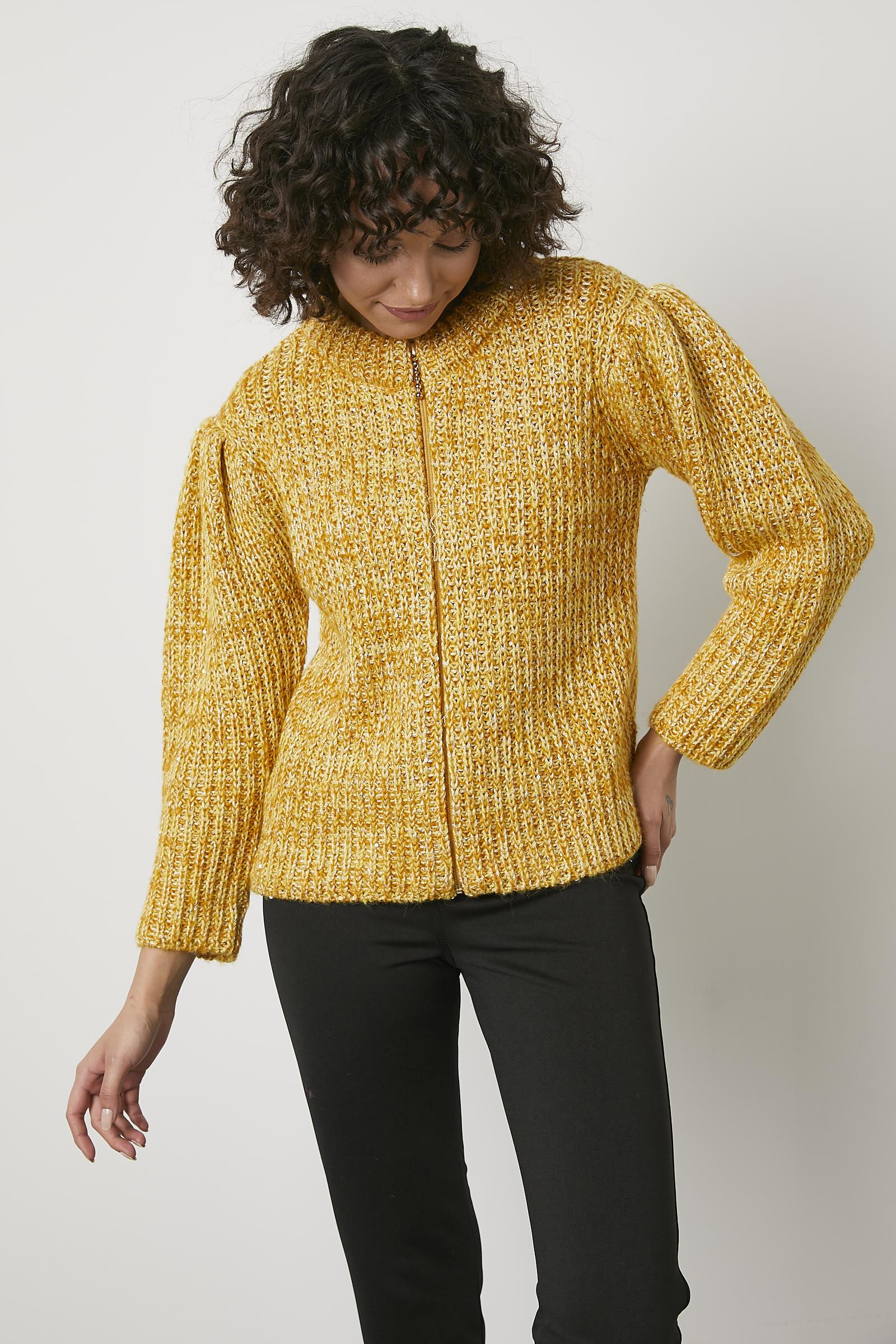 Pullu Fermuarlı Triko Hırka - Sarı (4) Sementa