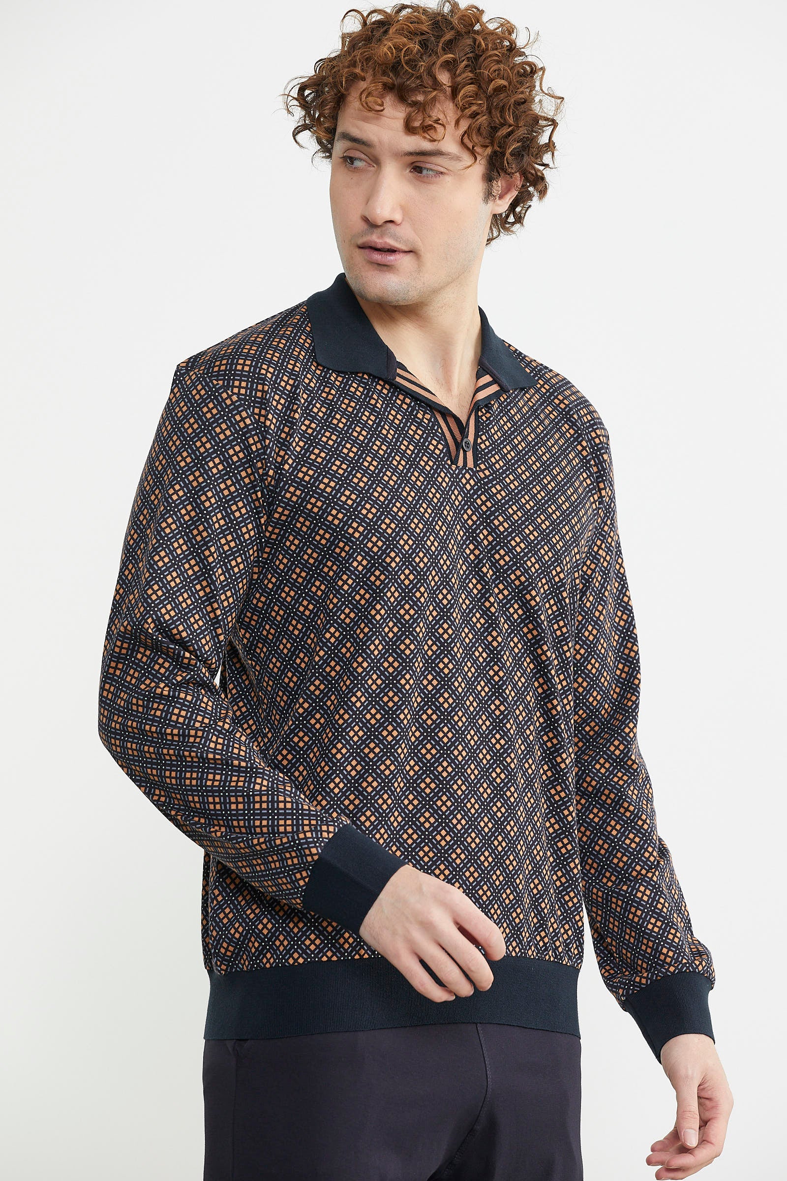 Rahat Kalıp Desenli Pijama Takım - Kahve - Sementa