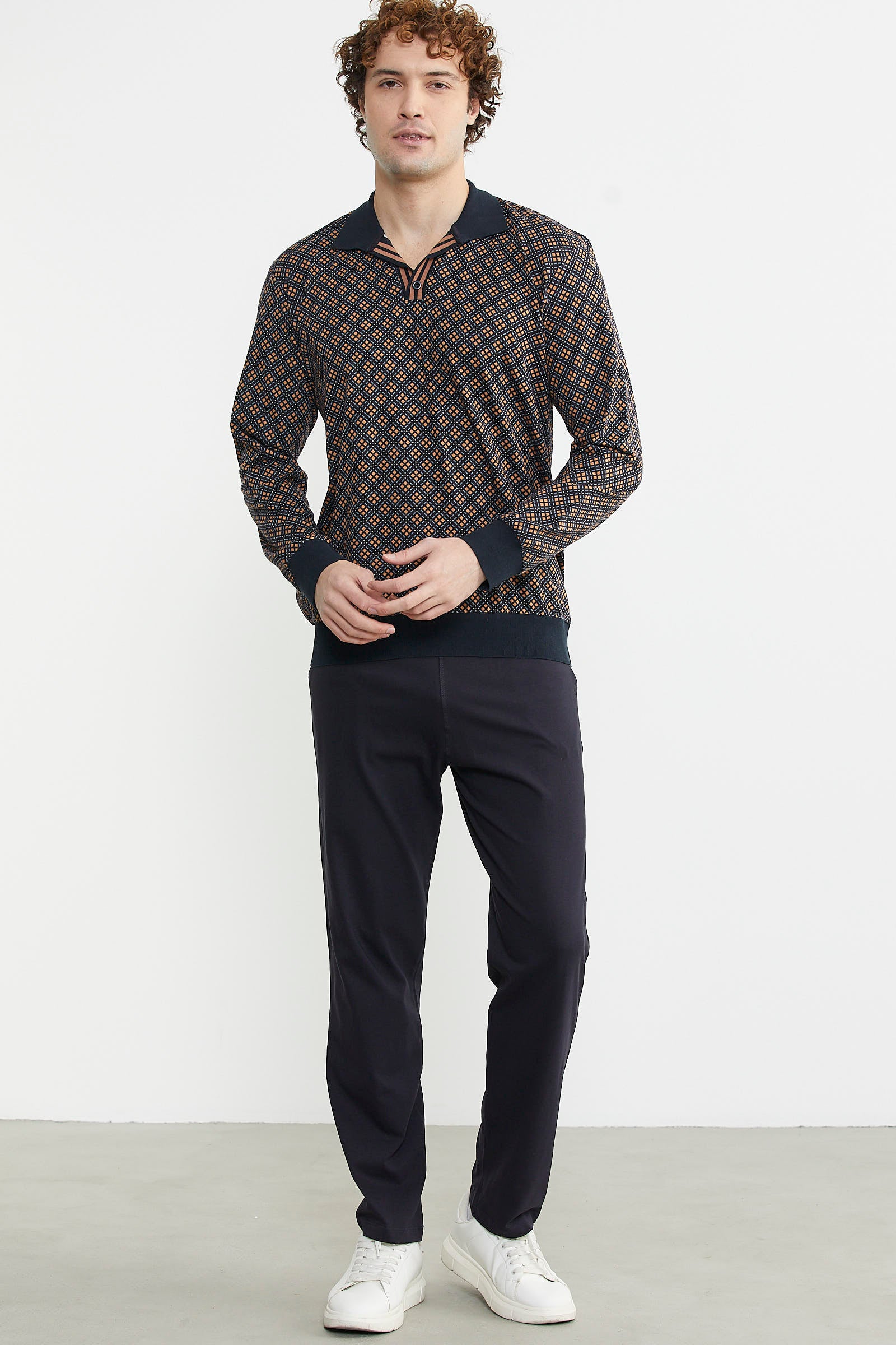 Rahat Kalıp Desenli Pijama Takım - Kahve - Sementa