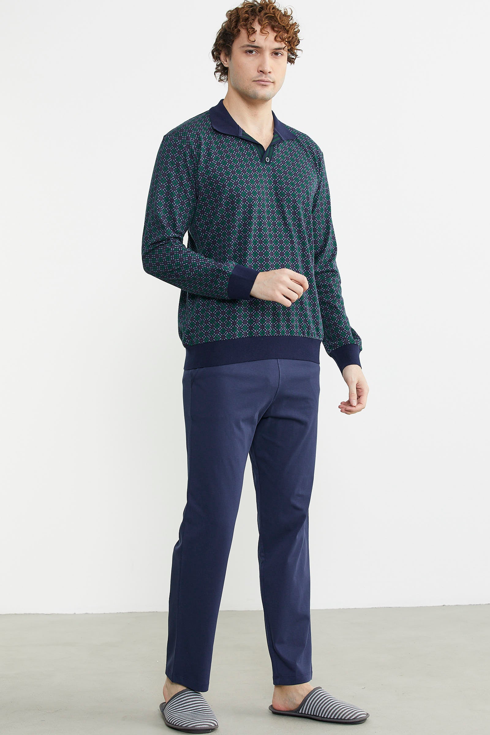 Rahat Kalıp Desenli Pijama Takım - Yeşil - Sementa