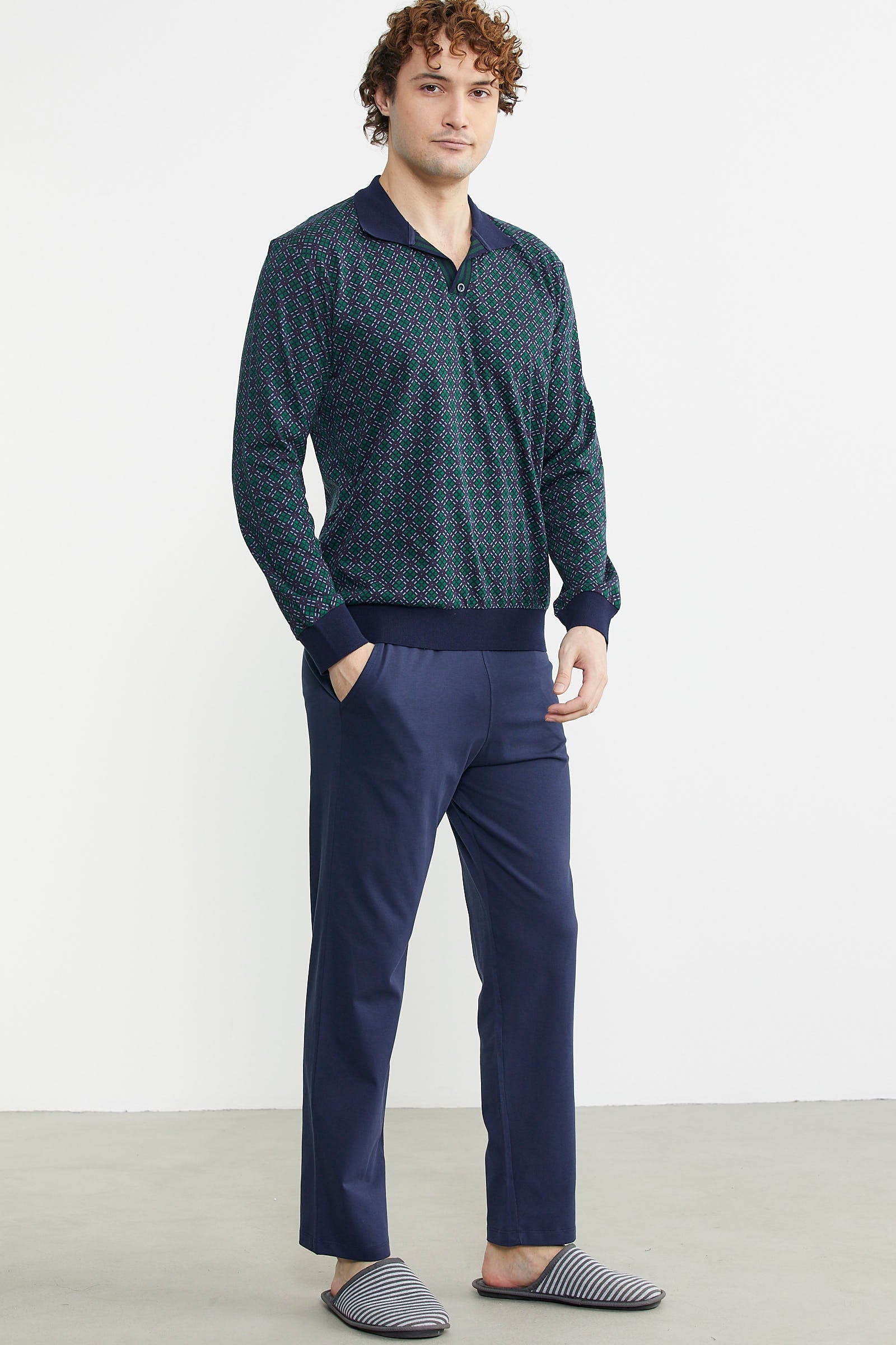 Rahat Kalıp Desenli Pijama Takım - Yeşil - Sementa