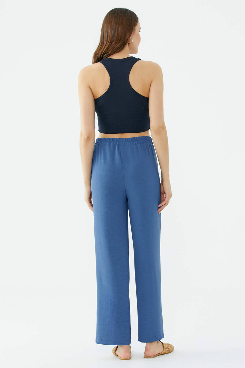 Rahat Kalıp Dökümlü Krep Pantolon - Indigo (5) Sementa