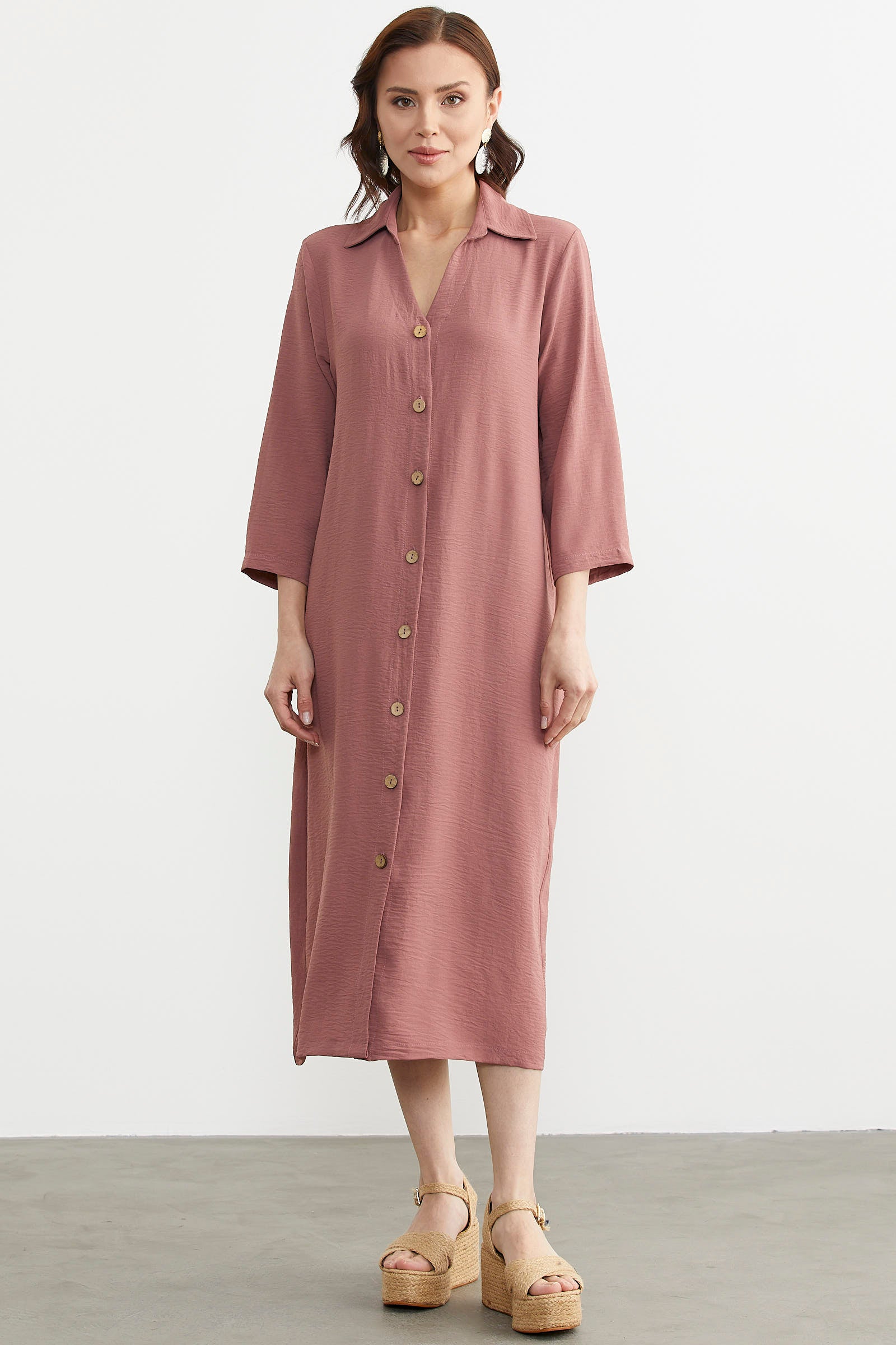 Rahat Kalıp Midi Boy Düğmeli Elbise - Gül (2) Sementa