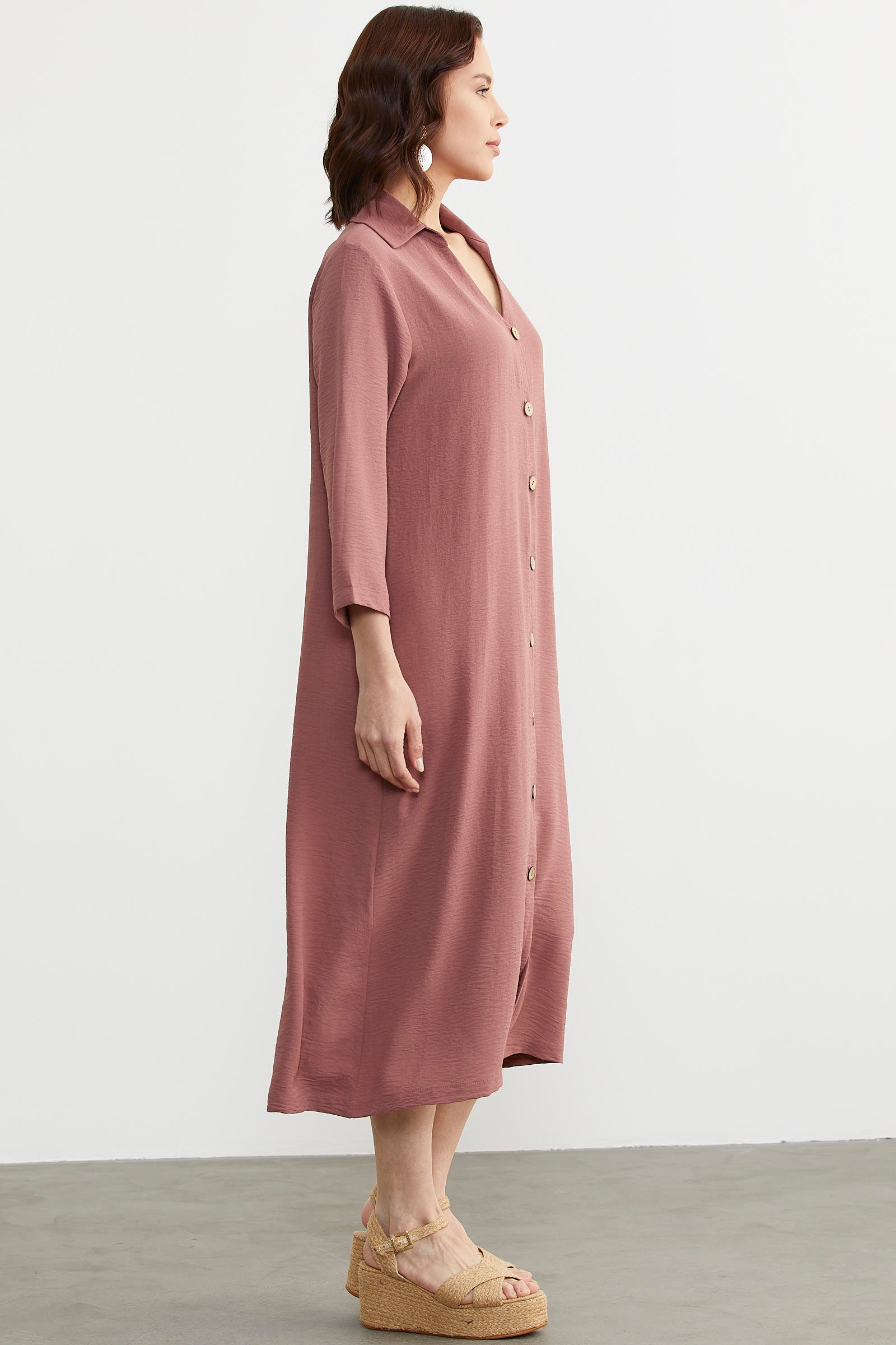 Rahat Kalıp Midi Boy Düğmeli Elbise - Gül (5) Sementa