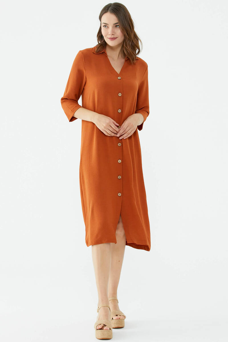Rahat Kalıp Midi Boy Düğmeli Elbise - Kiremit (3) Sementa