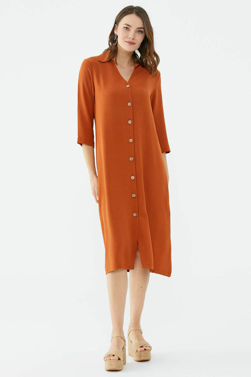 Rahat Kalıp Midi Boy Düğmeli Elbise - Kiremit (4) Sementa